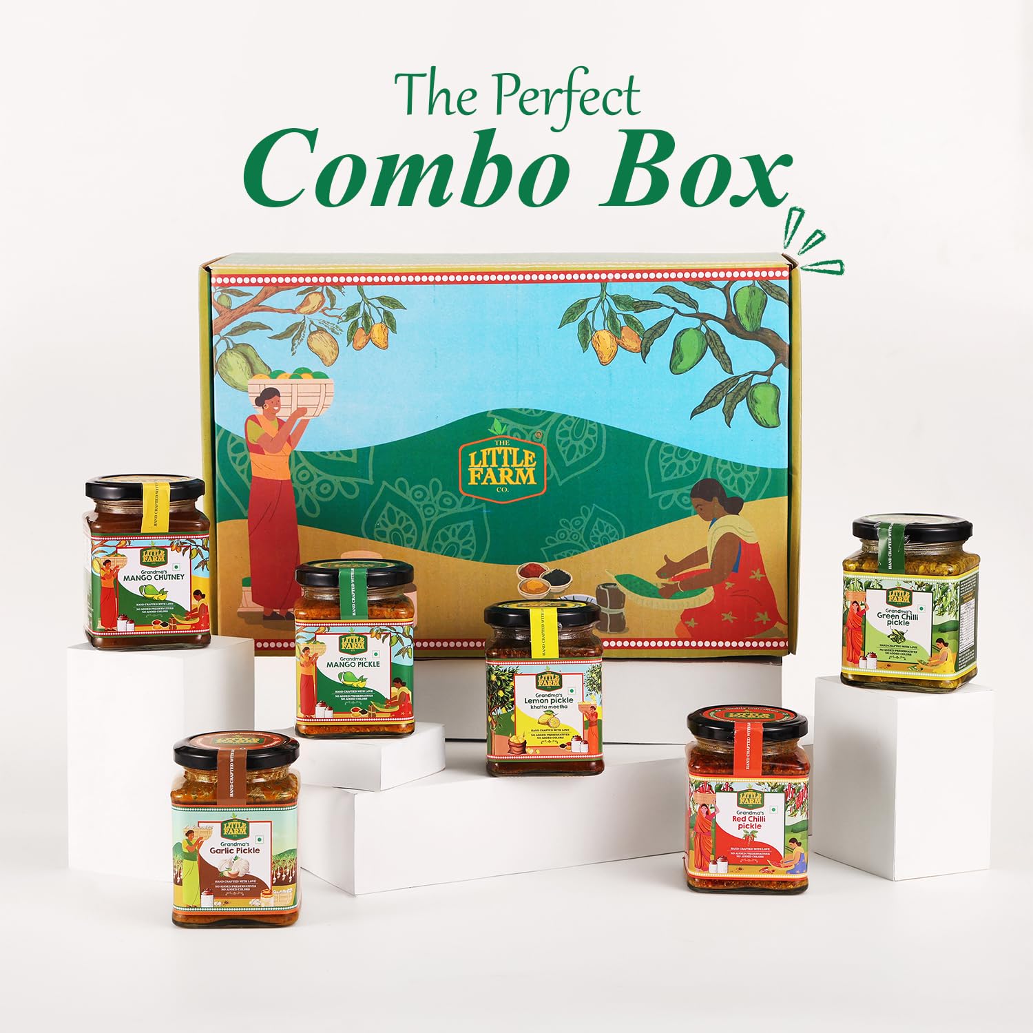 THE LITTLE FARM CO Homestyle Special Pickle Assorted Box (250g x 6) - Mango, Lemon Khatta Meetha, Red Chilli, Green Chilli, Garlic, and Mango Chutney |Perfect For Gifting for Flavorful Celebrations