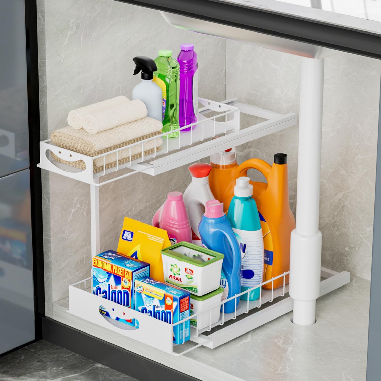 JAQ Under Kitchen Sink Organizer, 2 Tier Metal Double Slide Out Under Cabinet Storage Shelves Rack Organization for Kitchen Bathroom Pantry Lanudry, Smiley Look (White, 1 Pack)