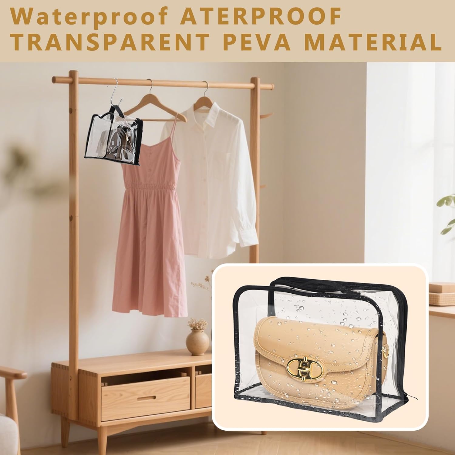 5 Pack Clear Dust Bags for Handbags,5-Sizes Purse Storage Organizers,Purse Protector Storage Bag with Zipper and Handle for Closet, Hanging Dust Cover Bag for Handbag