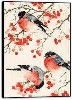 NHYGJSTX Black Frame Chinese Landscape Painting Canvas,Oriental Wall Art for Living Room,Bird On Red Fruit Branch,Print on Canvas,Ready to hang for Living Room Decor70x100cm(28x33in)