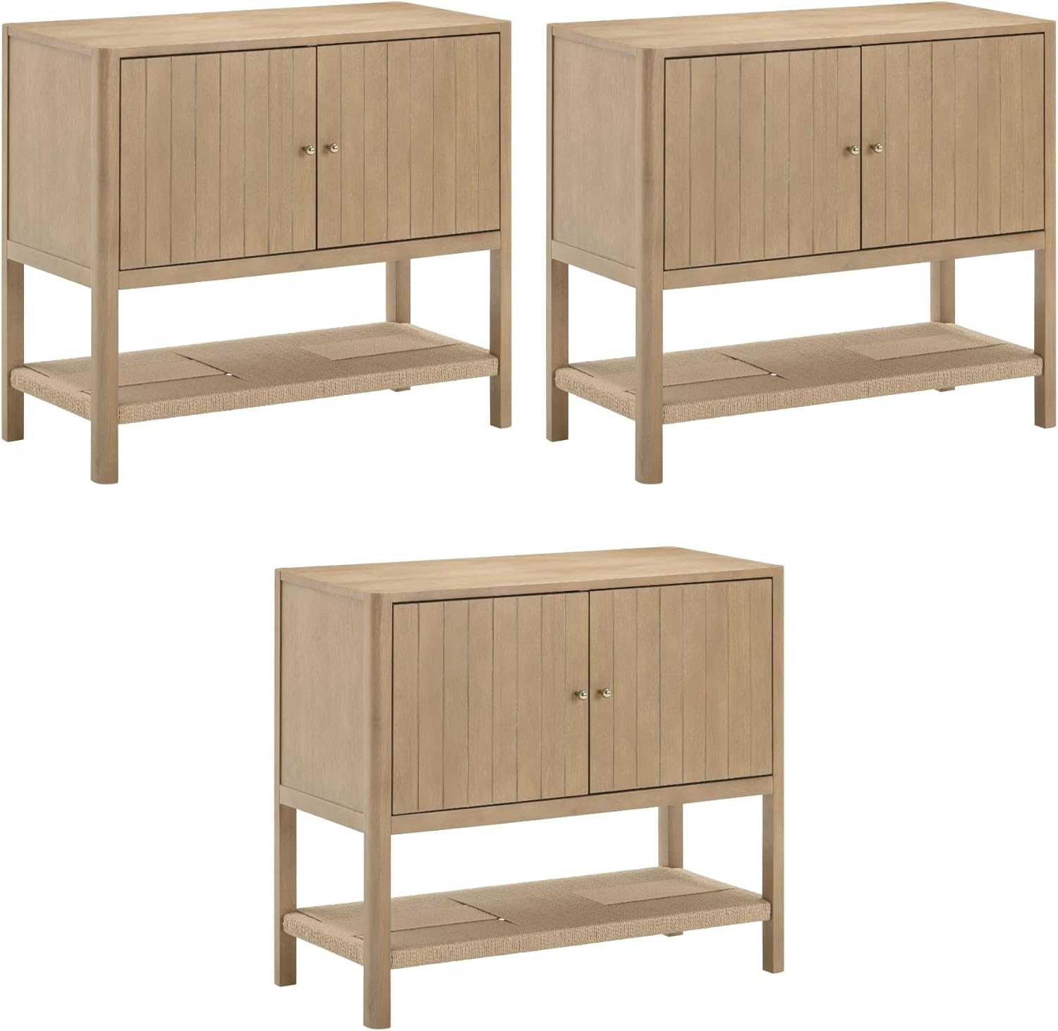 Nathan James Meads Mid Century Modern Cabinet or TV Stand with Doors, Solid Wood Kitchen Cabinet with Adjustable Interior Shelf and Seagrass Bottom Storage, Light Brown Set of 3