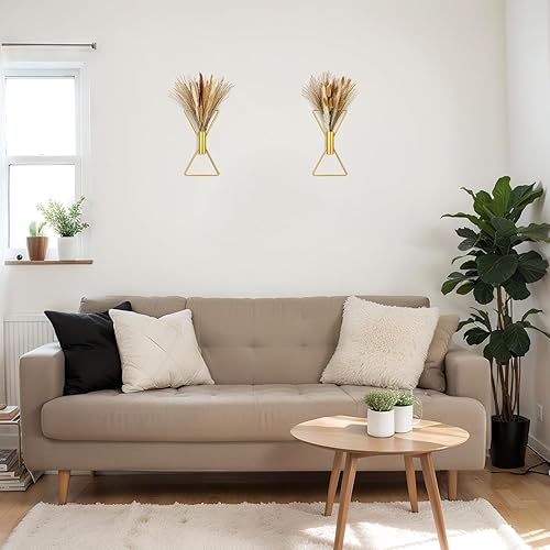 Miniatura 6 de Peryiter 2 macetas colgantes de pared bohemias pequeñas con pampas artificiales montadas en la pared de metal, decoración moderna dorada para