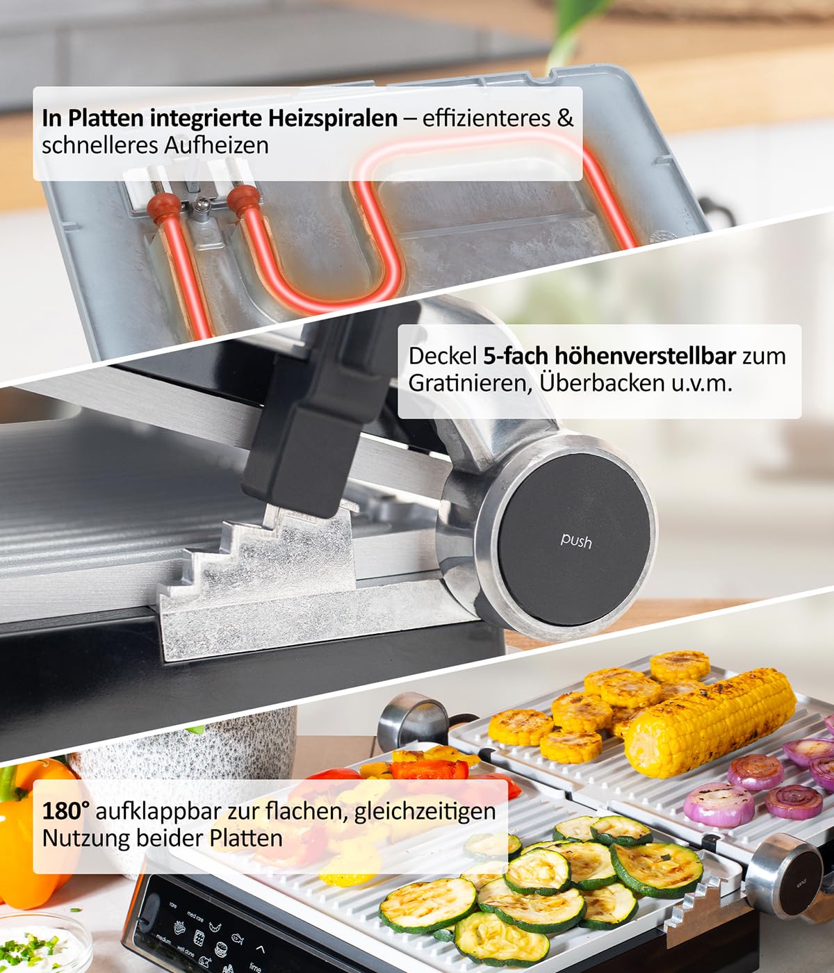 Genius Chef Kontaktgrill, Elektrogrill Edelstahl für Sandwiches Steak, abnehmbare Grillplatten, Sandwichtoaster, inkl. 2 Grillplatten, Set 6- tlg, Grau