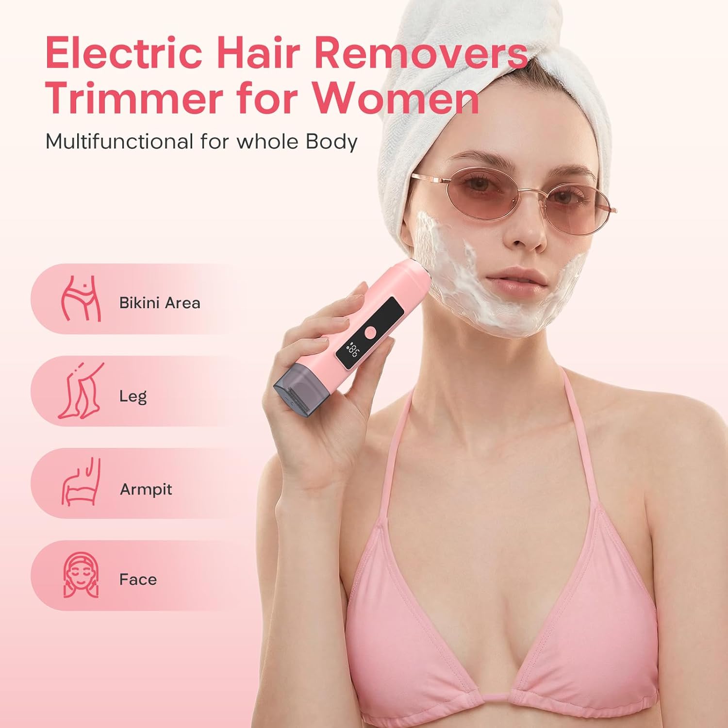 Bikini Trimmer for Women, Electric Razors for Women, IPX7 Waterproof, USB-C Rechargeable Pubic Hair Shaver, with LED Display, for Ladies Bikini Pubic, Face, Underarms, Legs, Pink