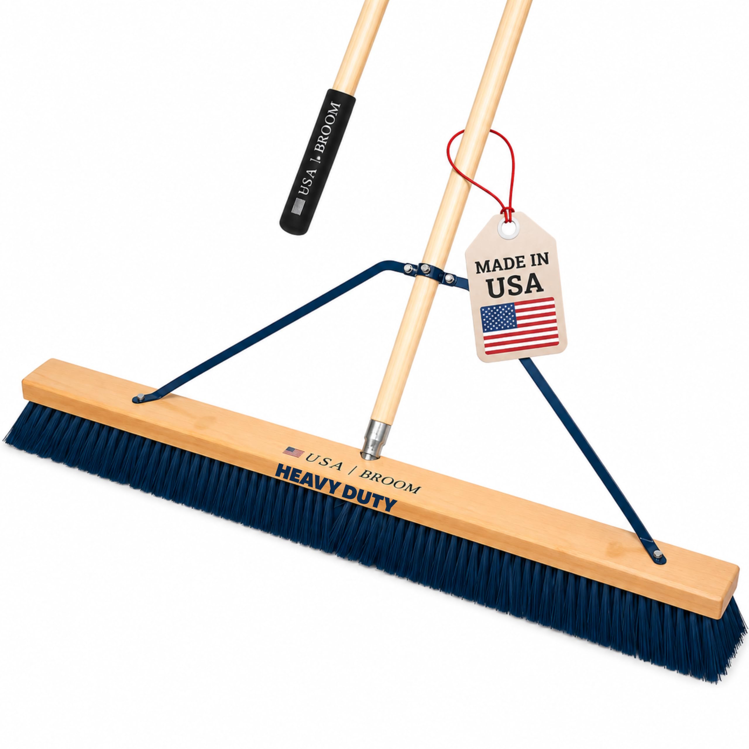 36" Heavy Duty Outdoor Push Broom with 60" Handle. Ideal for Asphalt, Concrete &amp; Heavy Debris. Durable American Made Steel Brackets-Stainless Steel Hardware. No Plastic. 100% USA Made