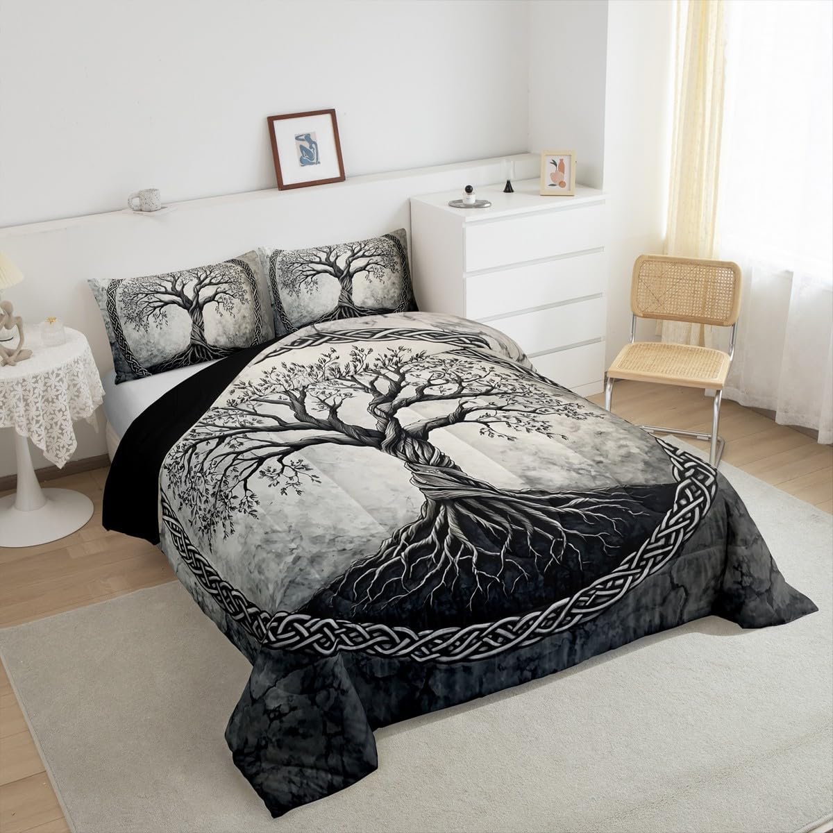 Tree of Life Comforter Set King Size,Black Grey Bedding Sets for Kids Girls Boys Teens Adult Bedroom Decor,Nature Tree Aesthetic Down Comforter Abstract Viking Style Quilt Set,2 Pillowcases