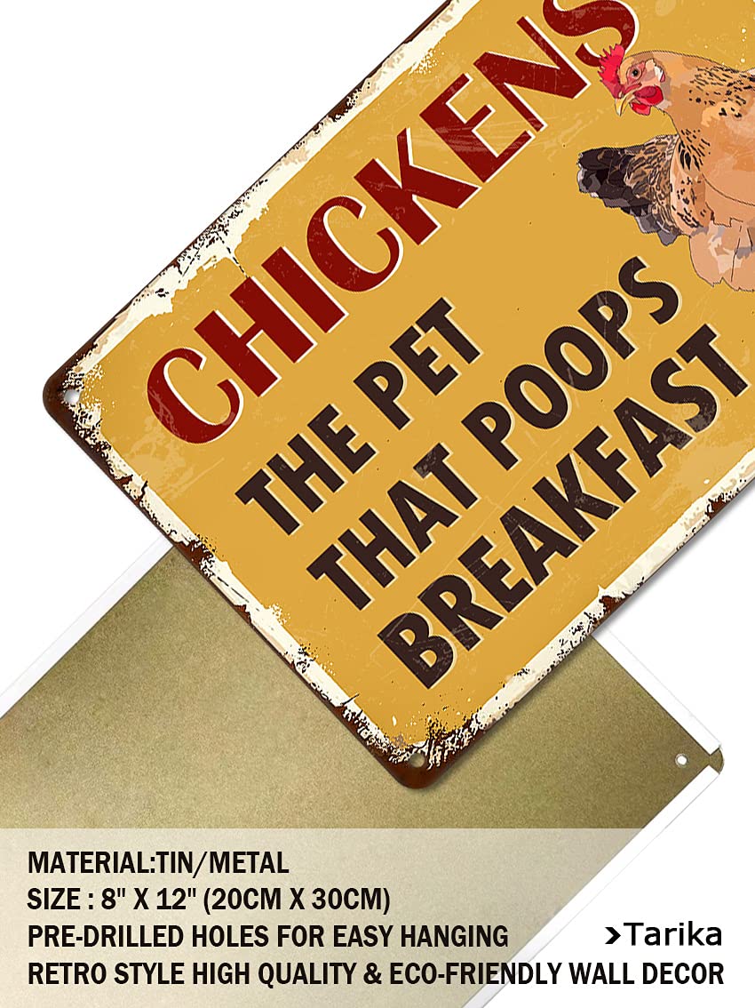 Targa Decorativa Da Parete In Metallo Con Gallina E Scritta Umoristica 'Chickens The Pet That Poops Breakfast', 30x20 Cm - 2