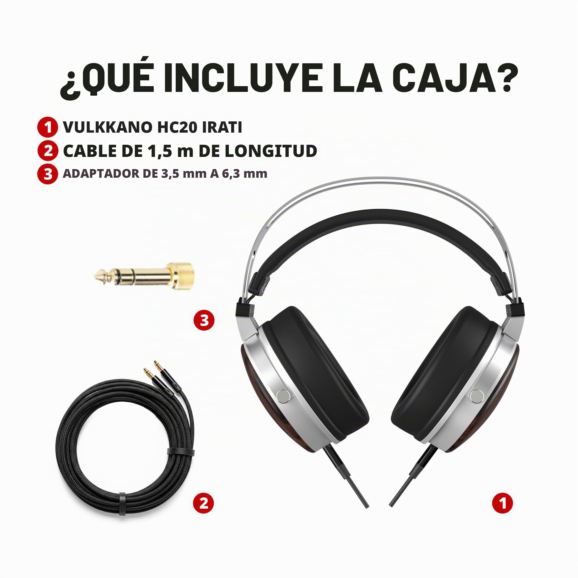 VULKKANO HC20 IRATI Auriculares Estudio Profesionales Over-Ear con Copas de Madera, Drivers 50mm, Sonido Equilibrado con Graves Definidos, Cable 1.5m, 32 Ohmios, Respuesta Frecuencia 20 Hz – 20 KHz