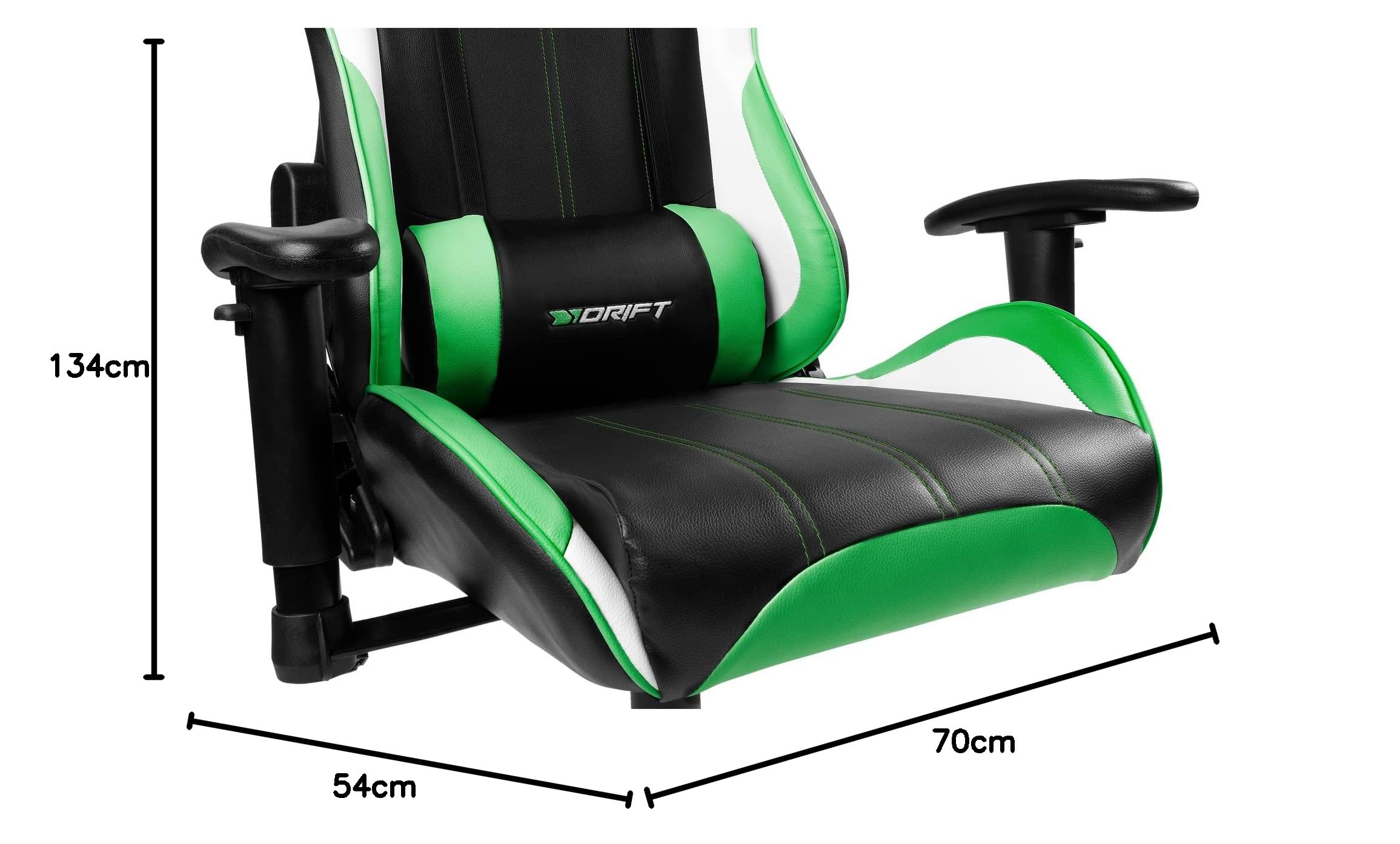 DRIFT GAMING DR175 - Silla Gaming Profesional, polipiel, reposabrazos ajustables 2D, pistón clase 4, giratoria, mecanismo de mariposa, cojín lumbar y cervical, color negro/blanco/verde