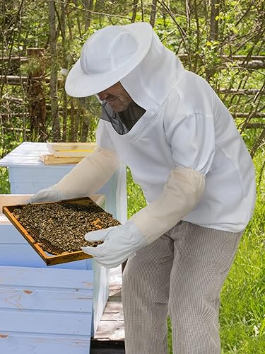 Miniatura 9 de Chaqueta profesional de apicultor con guantes de piel de cabra, chaqueta protectora de apicultura de primera calidad con capucha de velo de esgrima,