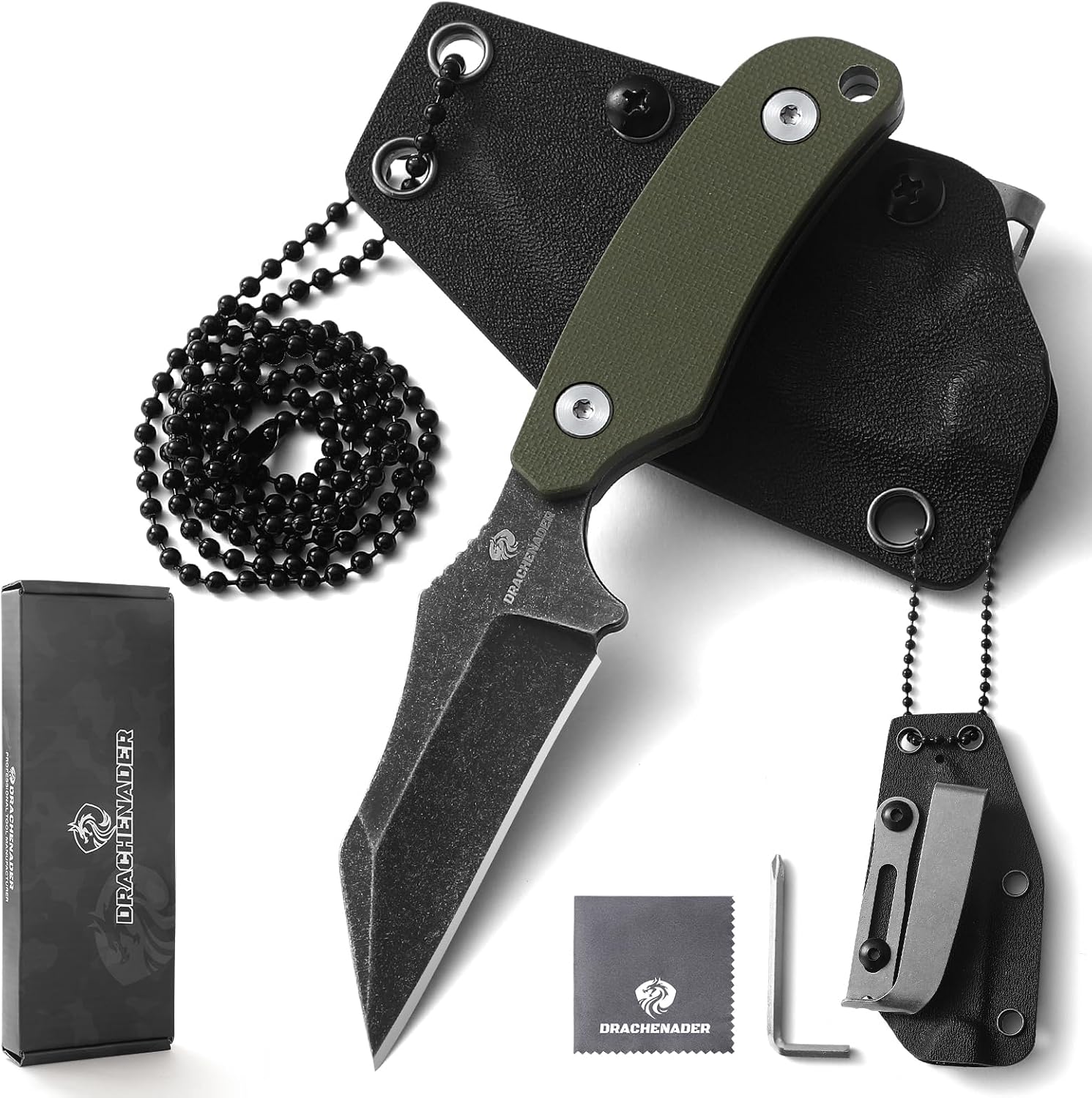 X-WH 5.78" Neck Knife with Kydex Sheath, D2 Steel Stonewashed Wharncliffe Blade with G10 Handle, Fixed Blade Knife for Men