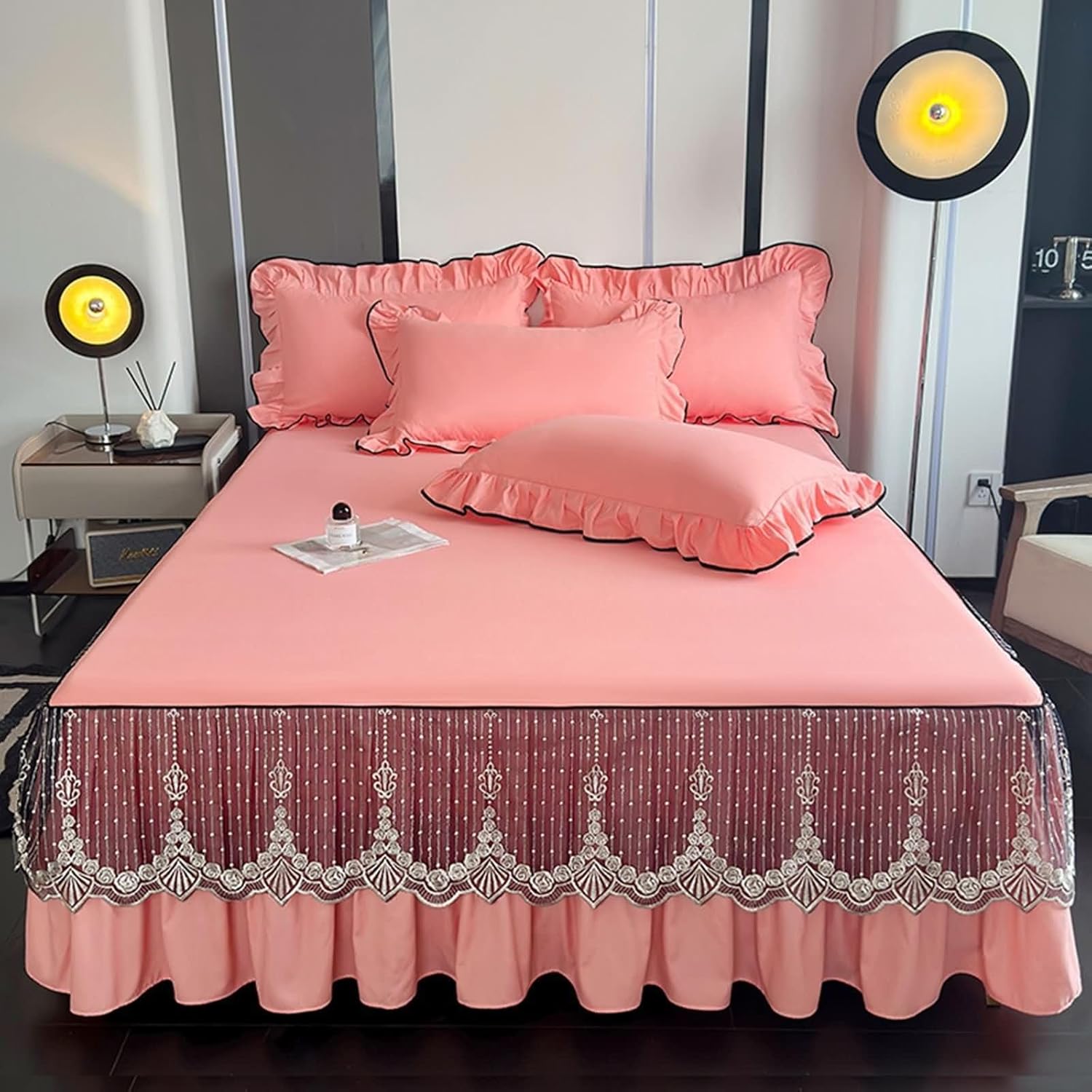 Beydodo Ruffled Bed Skirt 59 x 78 inch, Fitted Sheets Pink with Embroidered Lace, Polycotton Mattress Protector 150x200cm
