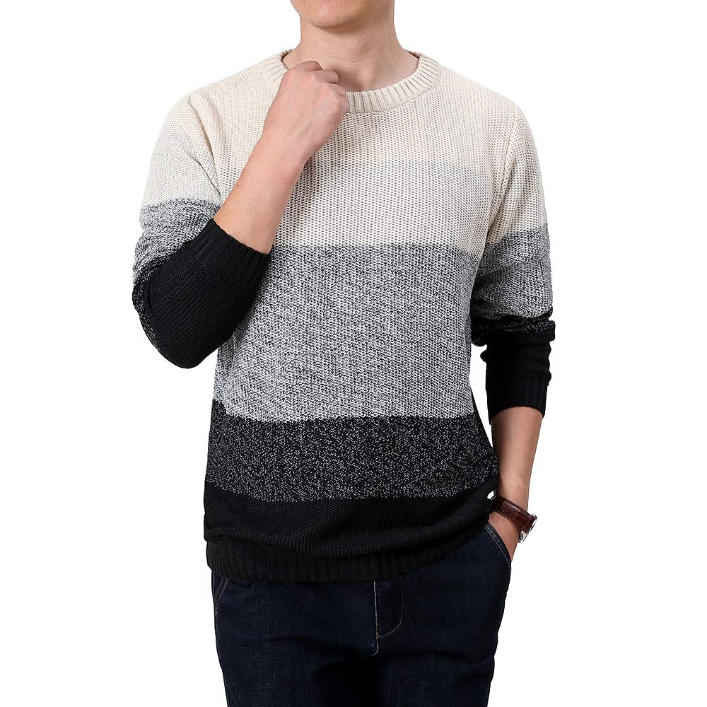 LongPing Mens Fashion Crewneck Striped Pullover Sweater Soft Thermal Cotton Knitted Color Block Sweaters (black-Medium)