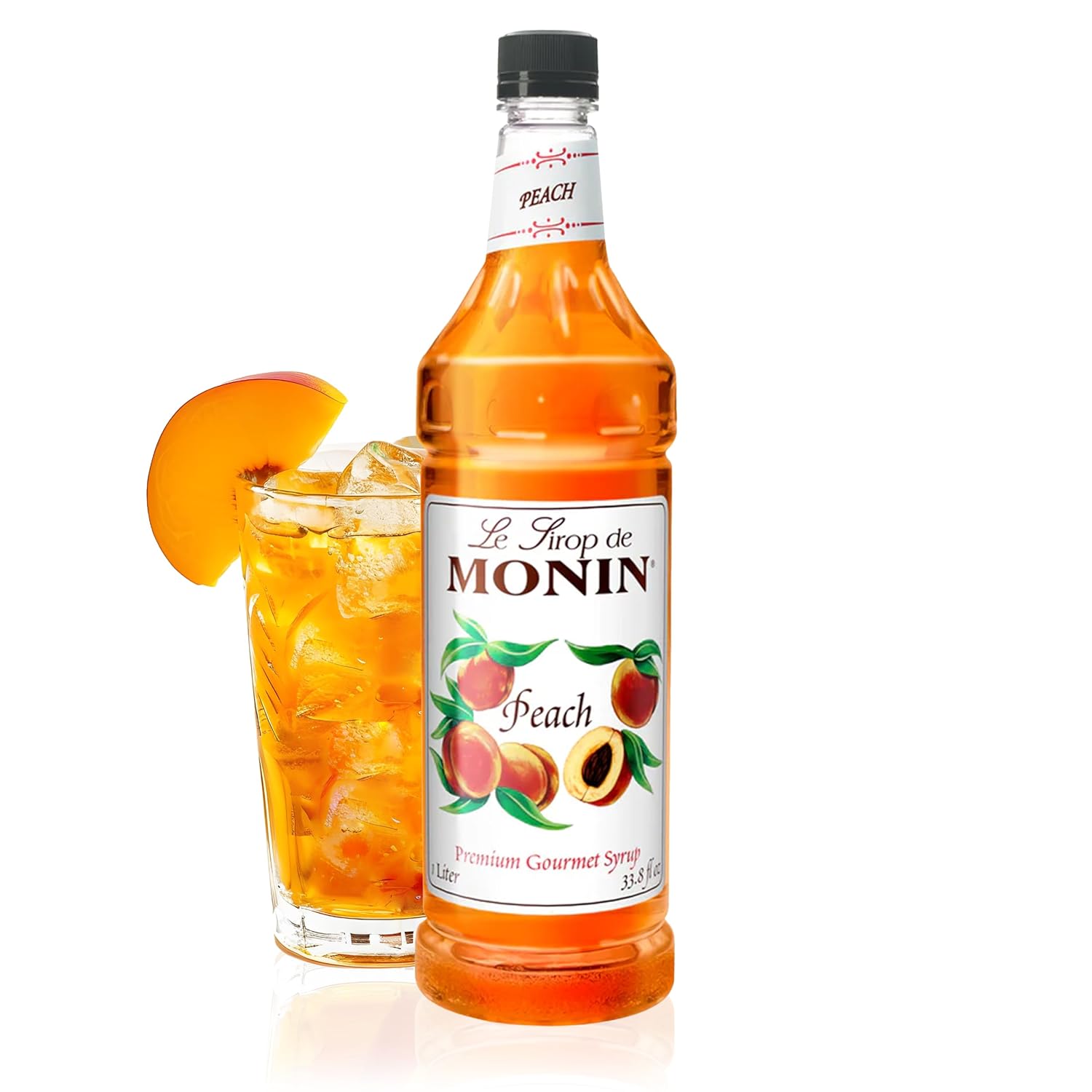 Monin - Peach Syrup, Fresh and Juicy Flavors, Great for Iced Teas, Lemonades, and Sodas, Non-GMO, Gluten-Free (1 Liter)