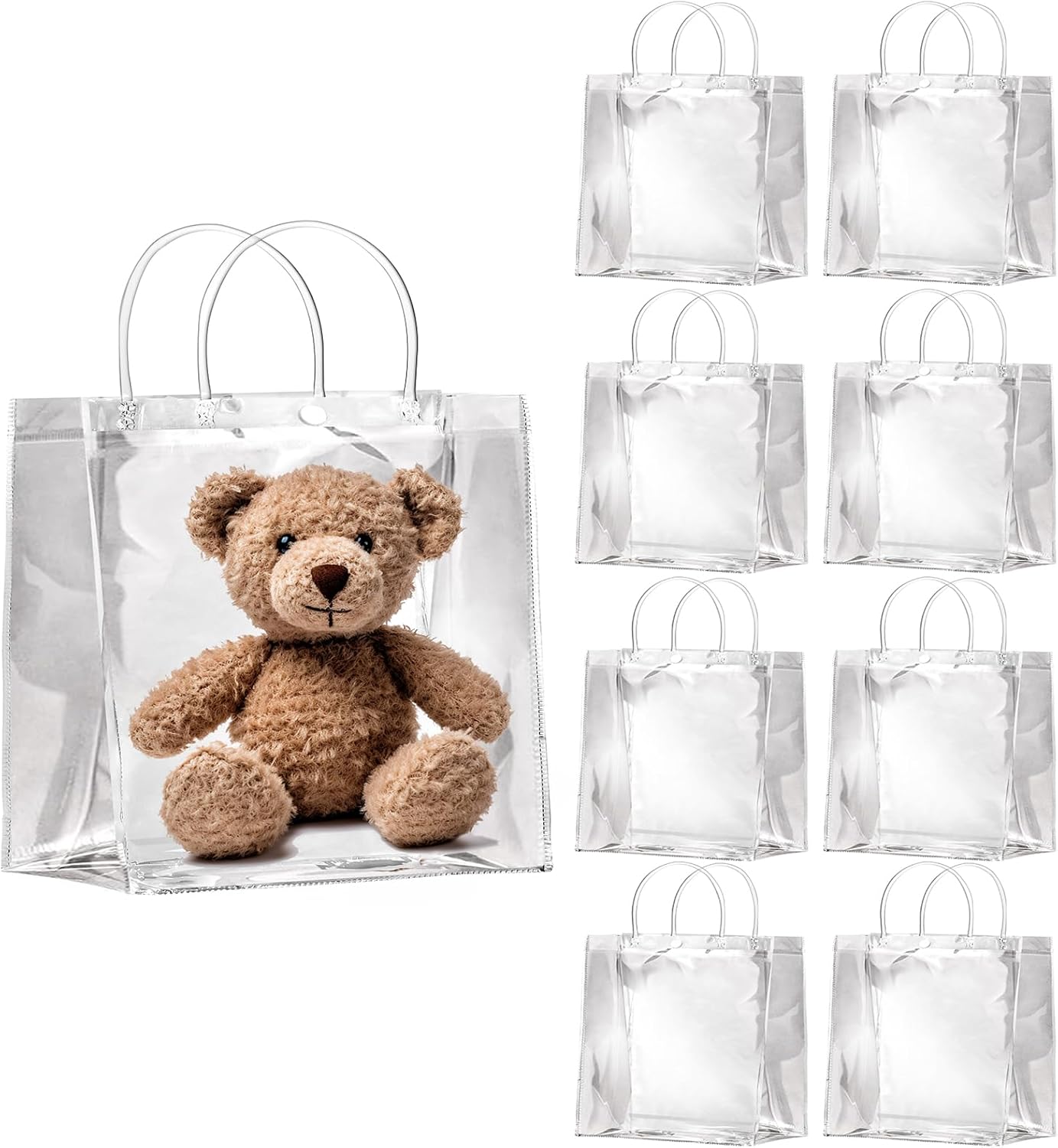 OfficeCastle Paquete de 10 pequeñas bolsas de regalo transparentes, 6 x 2.8 x 6.3 pulgadas, bolsas transparentes con asas, bolsas de compras