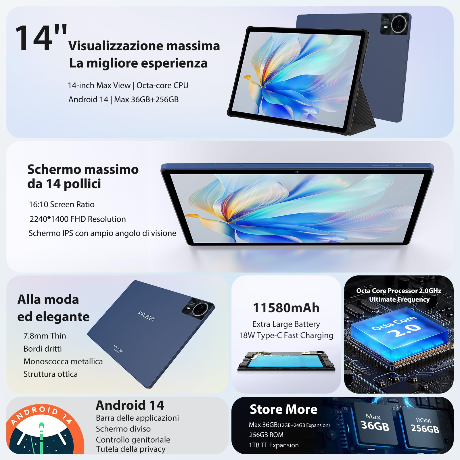 MAXLEGEN Android Tablet 14 Pollici, 2,5K Incell Display, 36GB RAM+256GB ROM(TF 1TB), 4G LTE+5G WiFi Tablets con Octa Core/4 altoparlanti/20W/11580 mAh/BT5.0/GMS/GPS, Pen/custodia/auricolare Inclusa