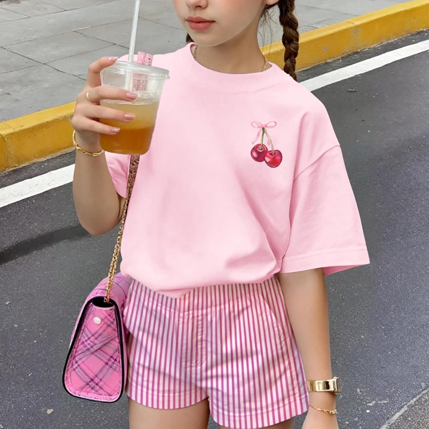 BINTEHGS Girls Cute Graphic Tees Kids Bow Cherry Shirt Aesthetic Short Sleeve T Shirts Casual Summer Crew Neck Top Clothes - Image 5