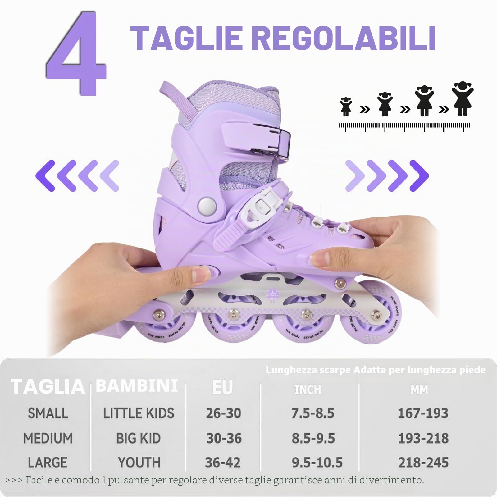 Pattini in Linea per Bambini, Telaio in Alluminio, Misura Regolabile, Viola