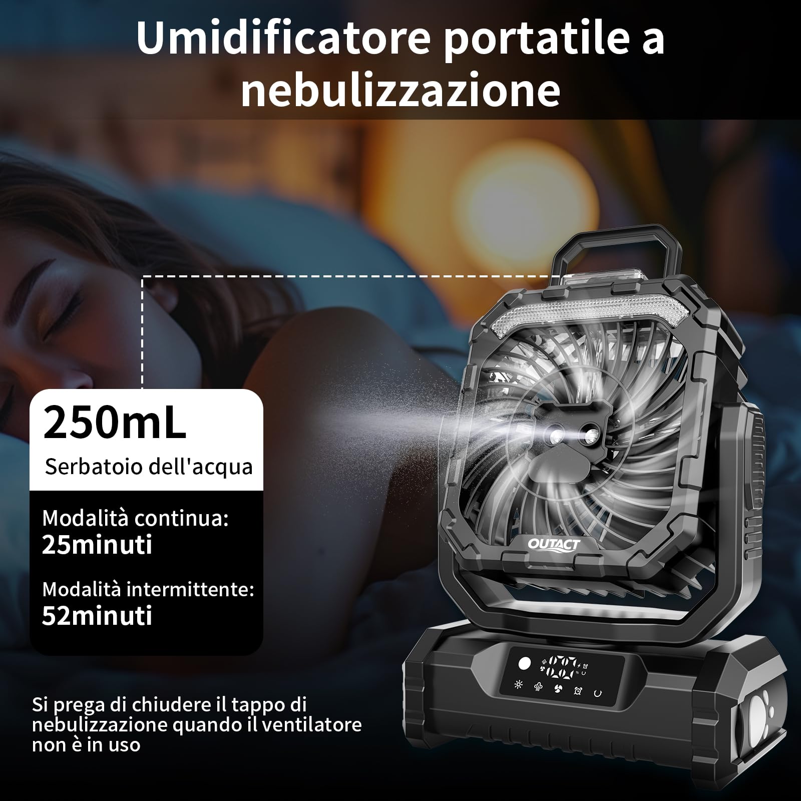 Ventilatore da Campeggio Portatile 20000mAh con Nebulizzatore e Luce LED – Ricaricabile, con Gancio e Telecomando, Ideale per Esterno, Tenda e Spiaggia - Nero | Ricaricabile,con Luce LED,con Gancio e Telecomando, Ideale per Esterno, Tenda e Spiaggia