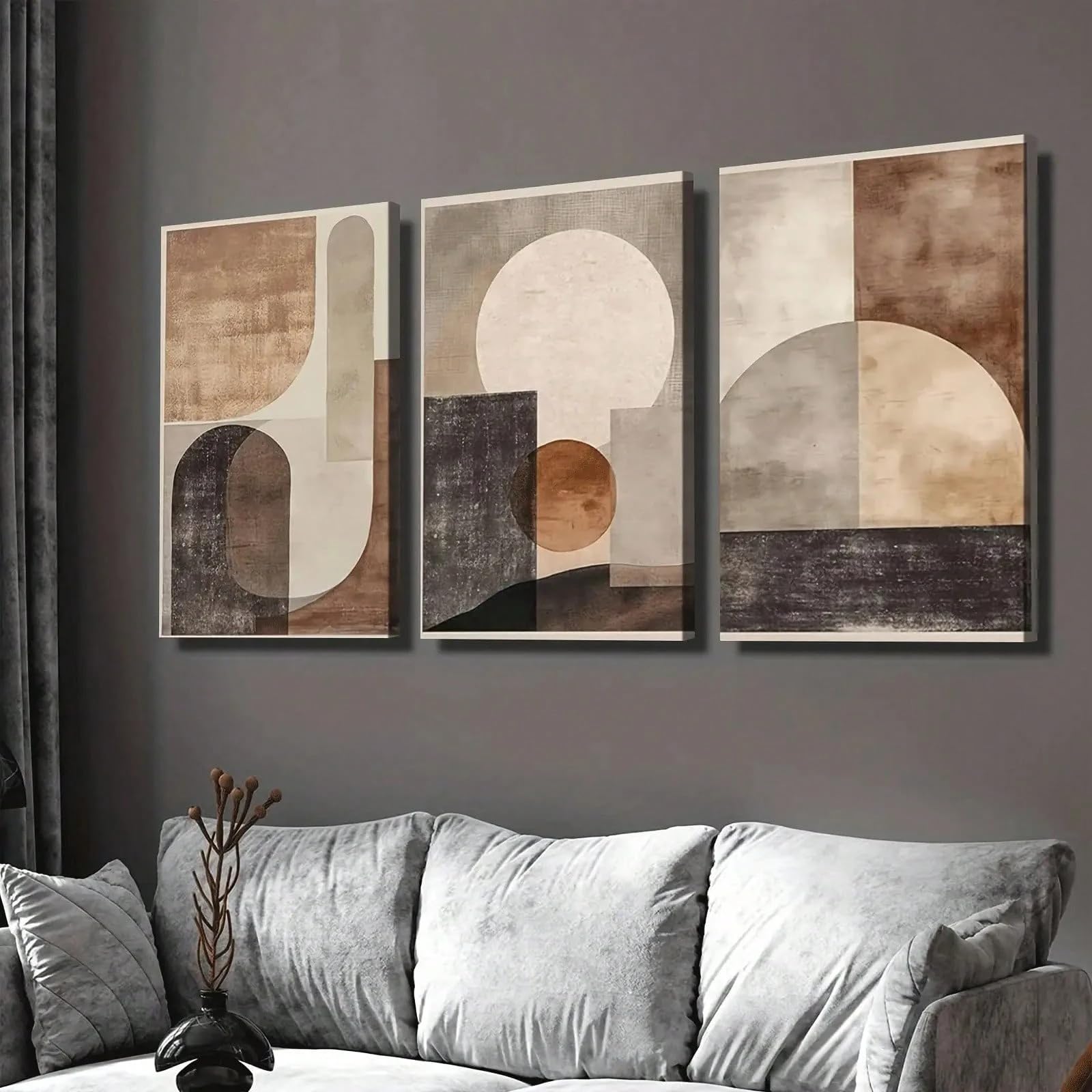 3 lienzos abstractos geométricos en tonos beige y marrón para decoración de habitaciones (50x70cm x 3 / Sin marco)