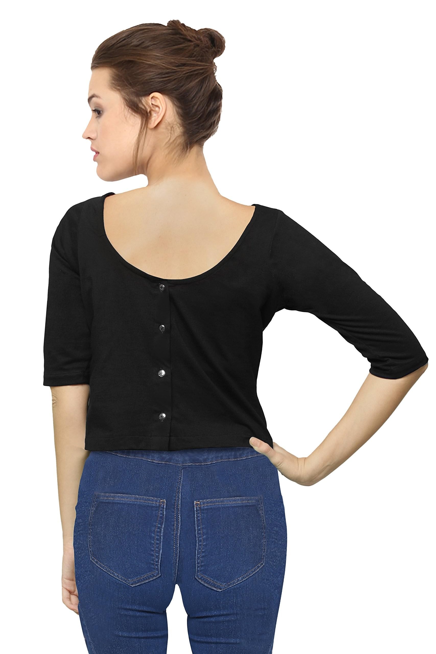 Miss ChaseWomen's Black Boat Neck Half Sleeves Casual Buttoned Crop Top