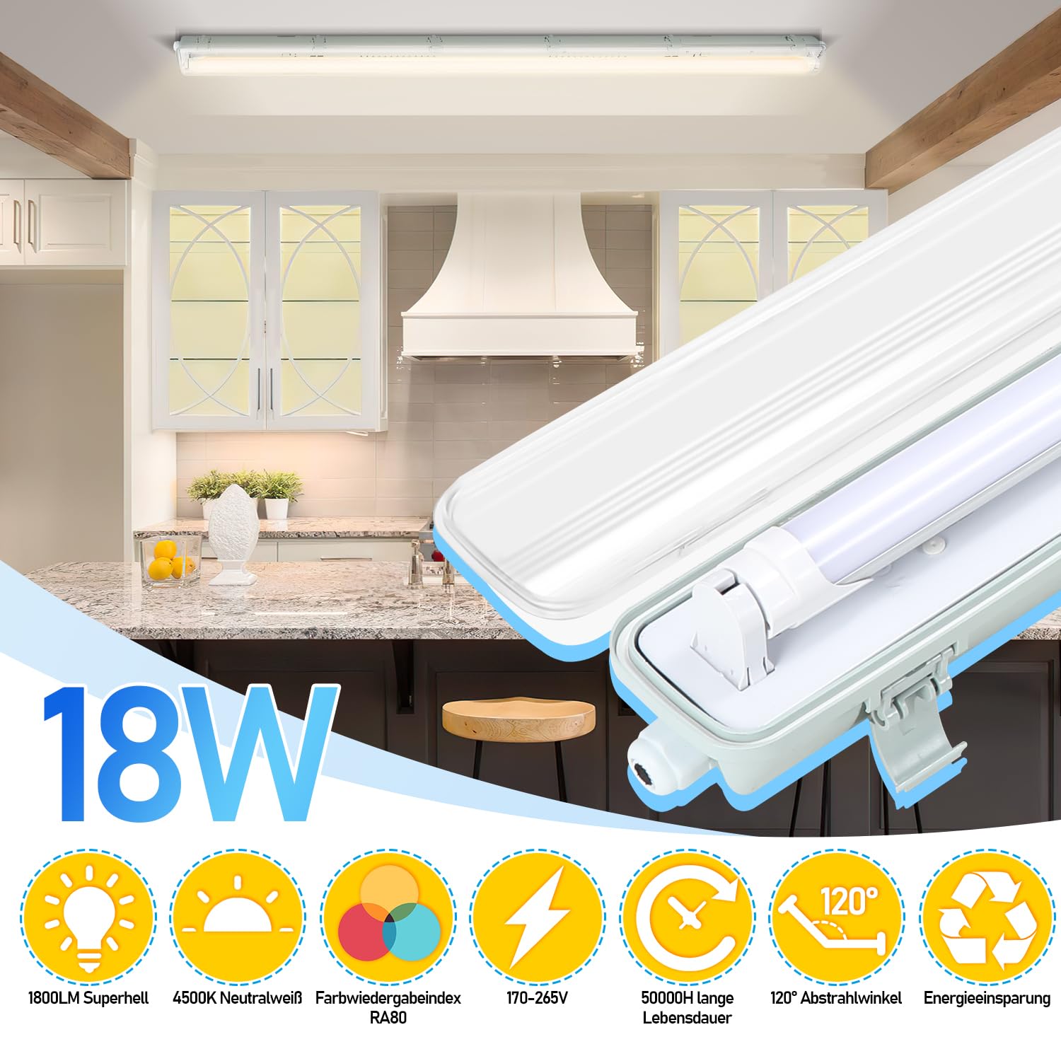 Reglette LED 120CM luz de baño 18W LED a prueba de humedad, blanco neutro 4500K, 1800lm lámpara fluorescente Impermeable IP65 luz de día luces de taller (4 piezas tubo T8)