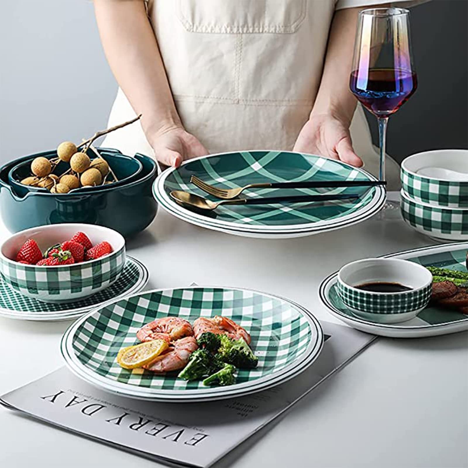 Ensembles d'assiettes et de bols en porcelaine, ensembles de vaisselle 24 pièces, bol à salade, ensemble combiné de vaisselle | Plats de service en céramique pour le service de fête à carreaux des fêt