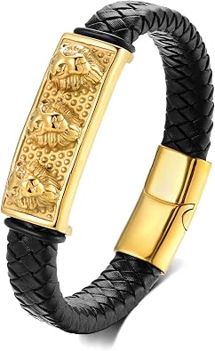 Mens Black braided leather Bangle Bracelet, Vintage Stainless Steel Roaring Lion Head, Two-row