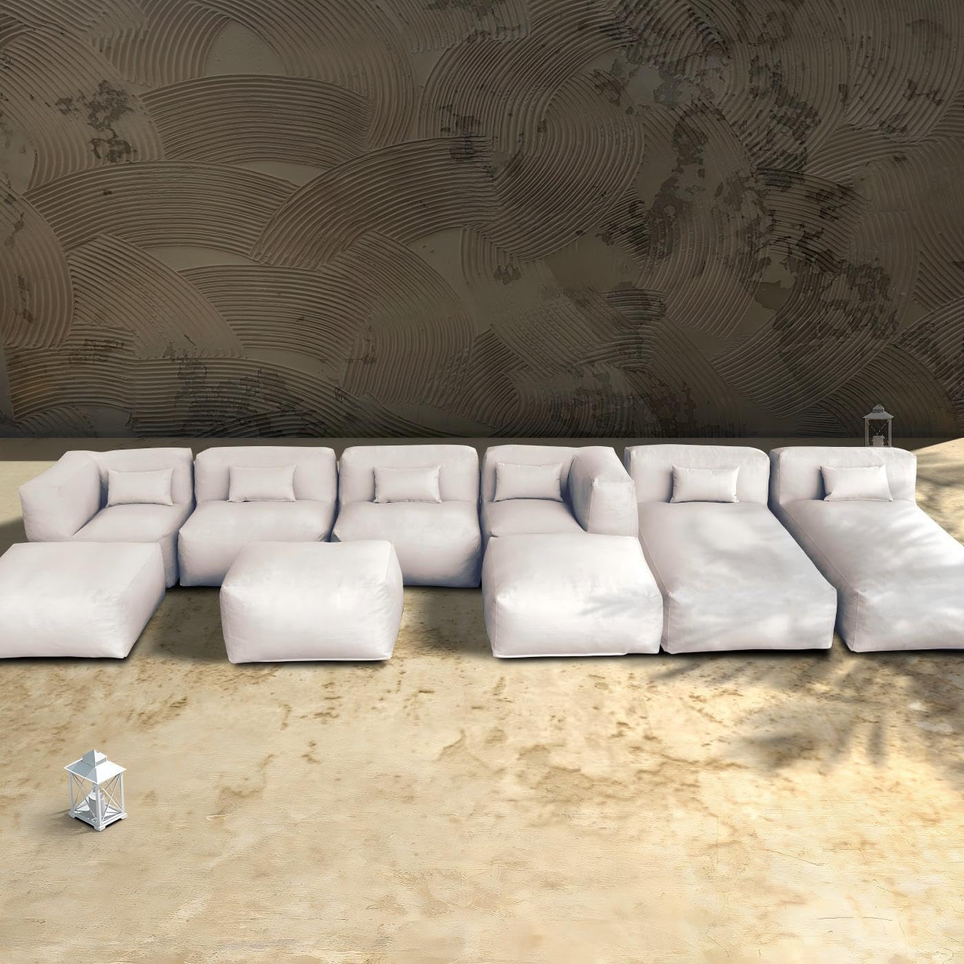 Dineli ANNYH Patio Modern Outdoor Furniture Sectional Conversation Set - Combines 2Lounger 2Middle 2Corner 3Ottoman Exp Foam Filled Chairs.A Unique Modular Contemporary Sofa (Light Beige)