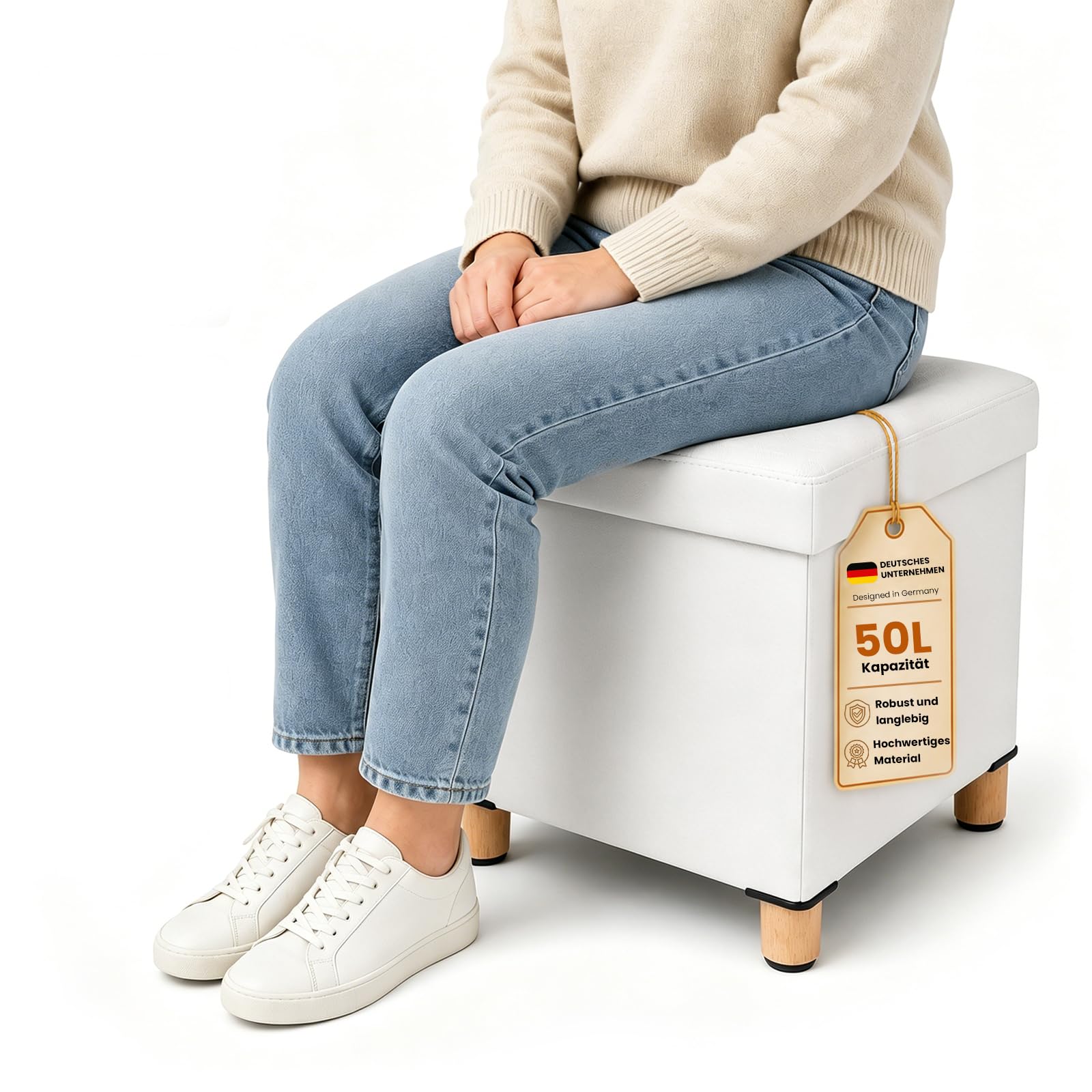 Hocker mit Stauraum, Klappbarer Sitzhocker aus PU, Fußhocker mit Massivholzbeinen, Anti-Rutsch-Pads, Pouf für Wohnzimmer Schlafzimmer Bad(Weiß, L:38 * W:38 * H:40 cm)