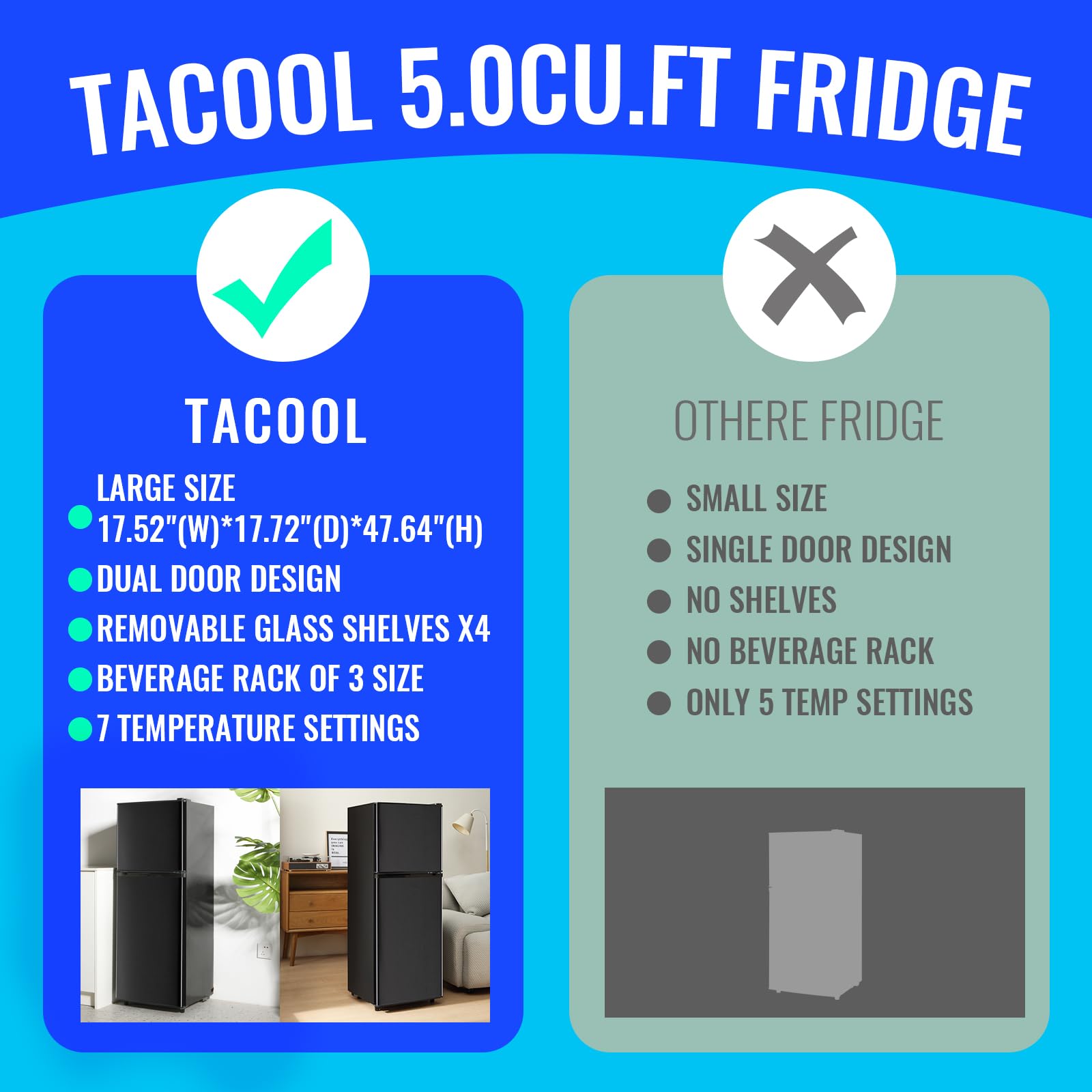 Tacool 5.0 Cu.Ft Mini Fridge Small Refrigerator With Drink Holder Double Door Refrigerator Adjustable Glass Shelves For Home,Apartment,Office Black on Fridge.com - View 6