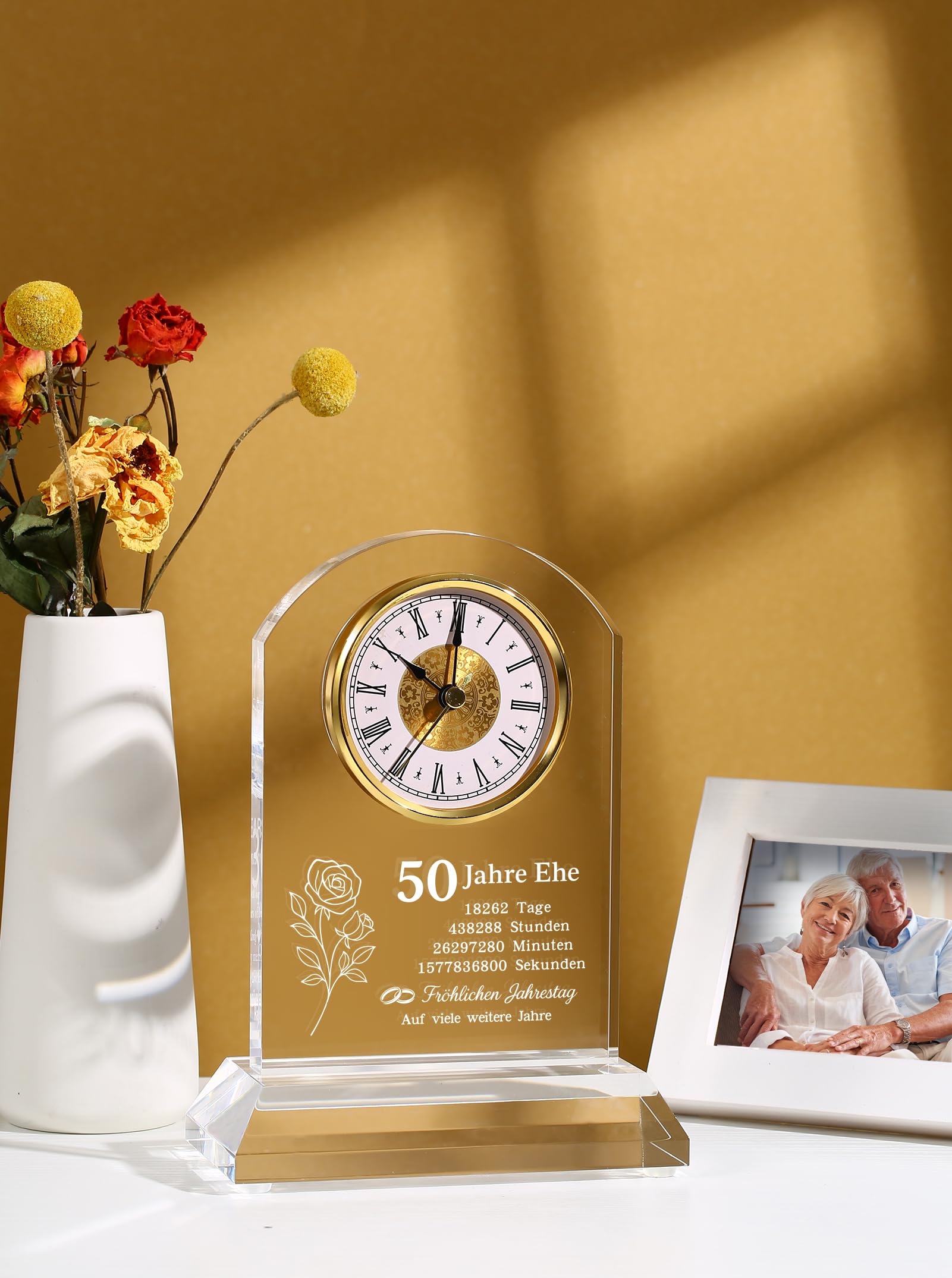 DEEWISH Goldene Hochzeit 50 Jahre Ehe Schreibtischuhr Quarzuhr, edles Geschenkset mit Geschenkbox und Grußkarte, Jubiläum Paar Eltern Großeltern, Deko Büro Wohnzimmer