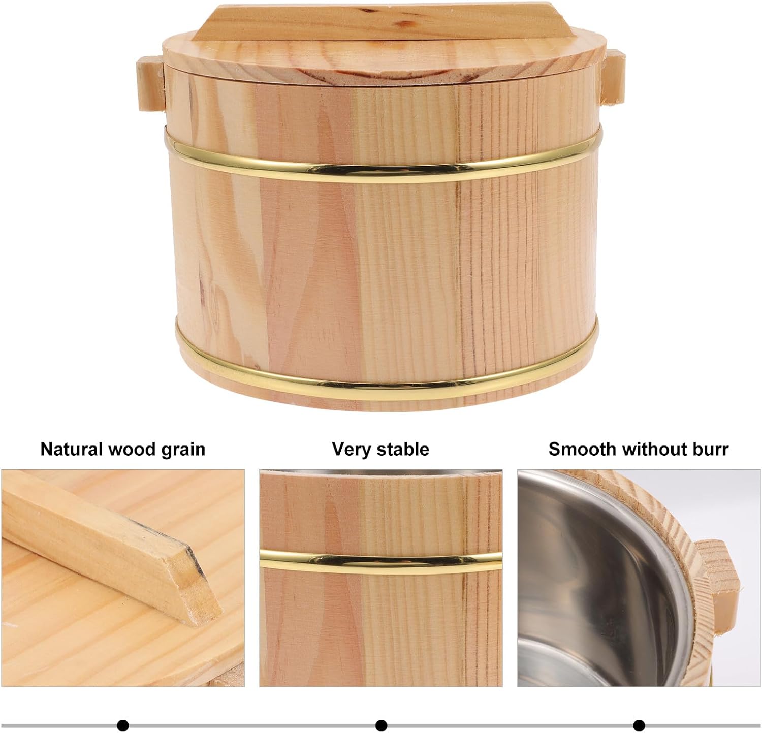 of Wooden Rice Bucket Lid and Handle Kitchen Utensil Rice Storage Container for Home and Restaurant