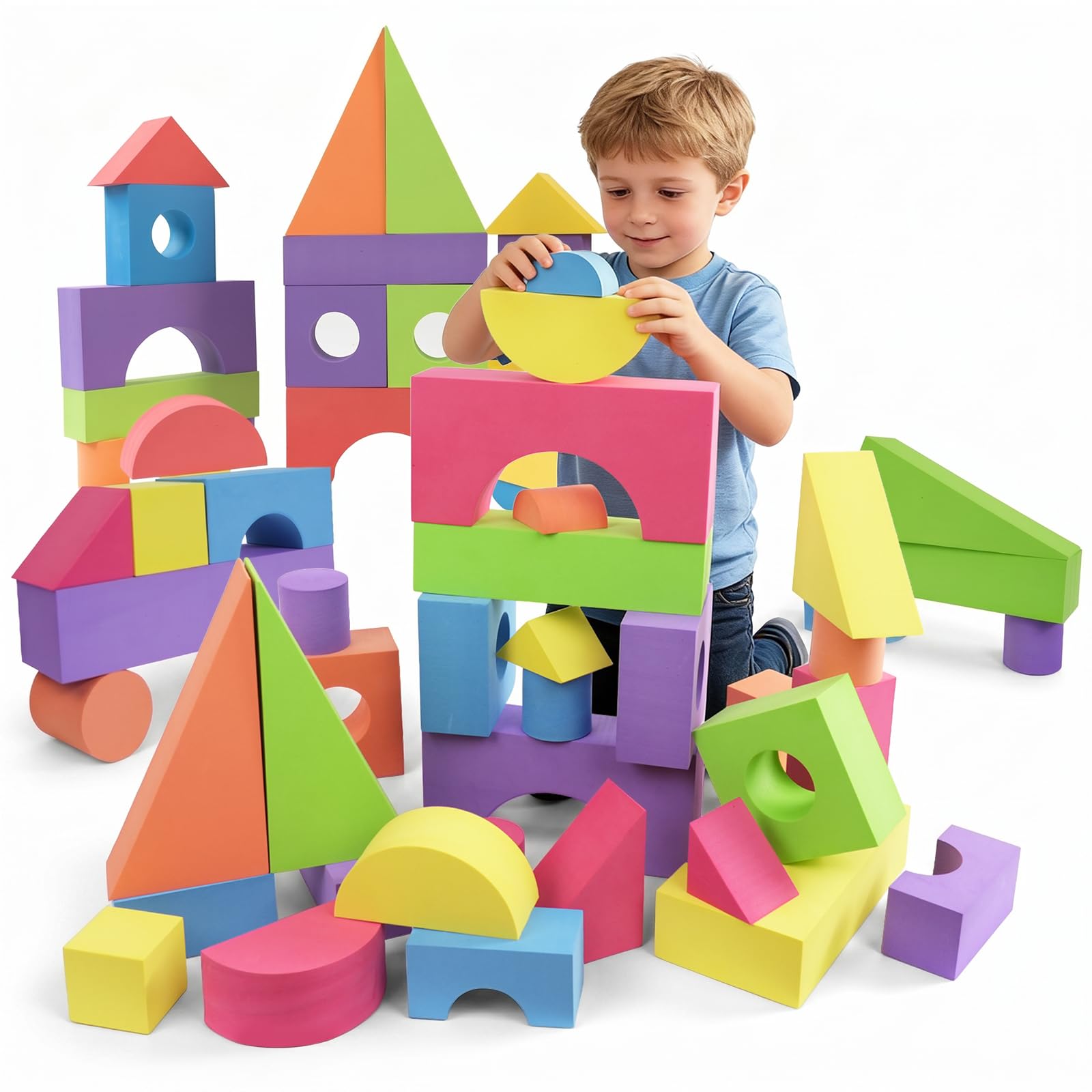 Bingyouth Large Building Foam Blocks for Toddlers, EVA Stacking Foam Building Blocks Toy Set, Non-Toxic, Washable, Early Learning Construction Toys & Gifts for Kids Boys & Girls (Blue, Pieces, 30)
