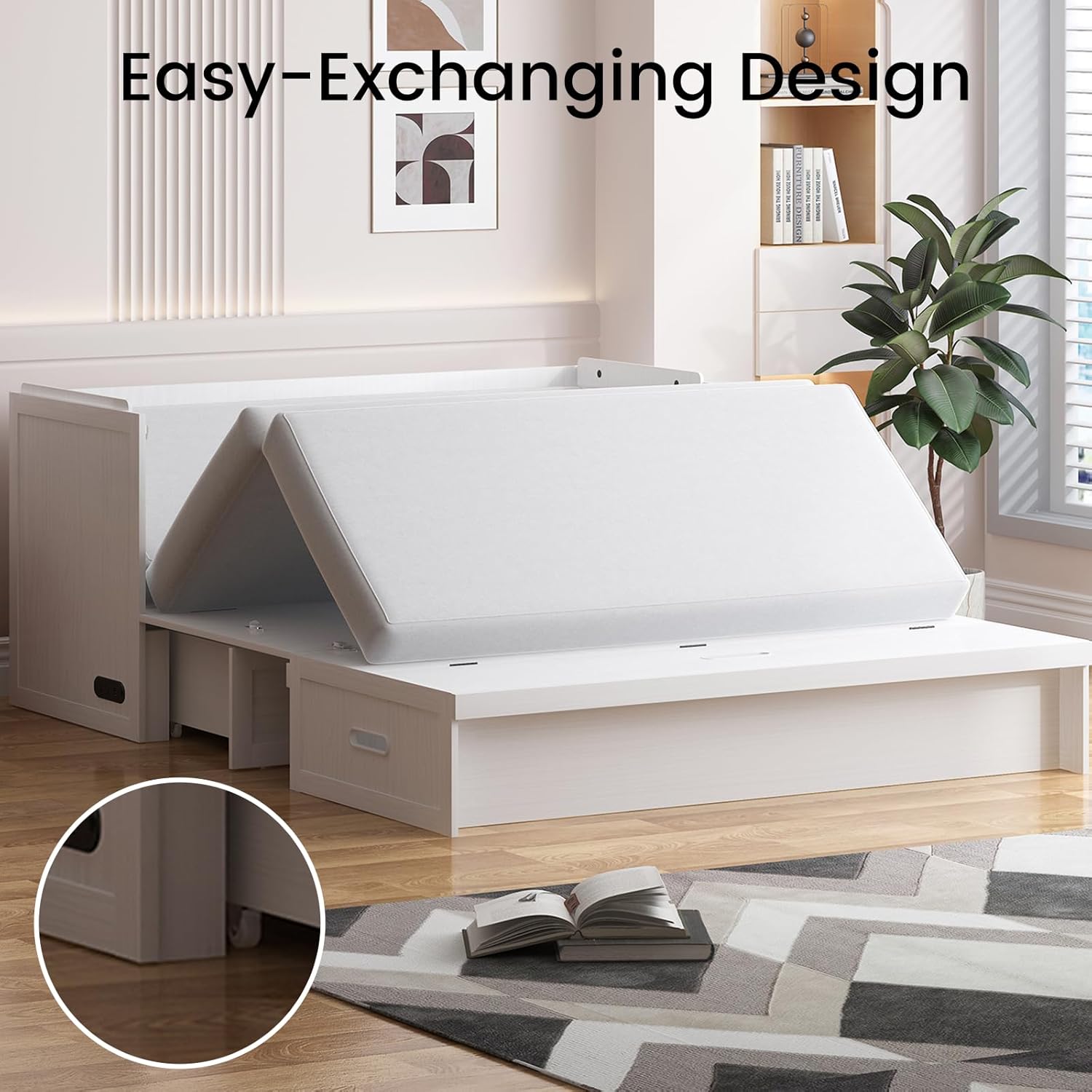 PUREMIND Queen Murphy Bed with Tri-Fold Mattress, Cabinet Beds Chest with USB Charging Station & Storage Drawer, Space-Saving Cabinet Bed for Small Apartments, Guest Room, Home Office (White)