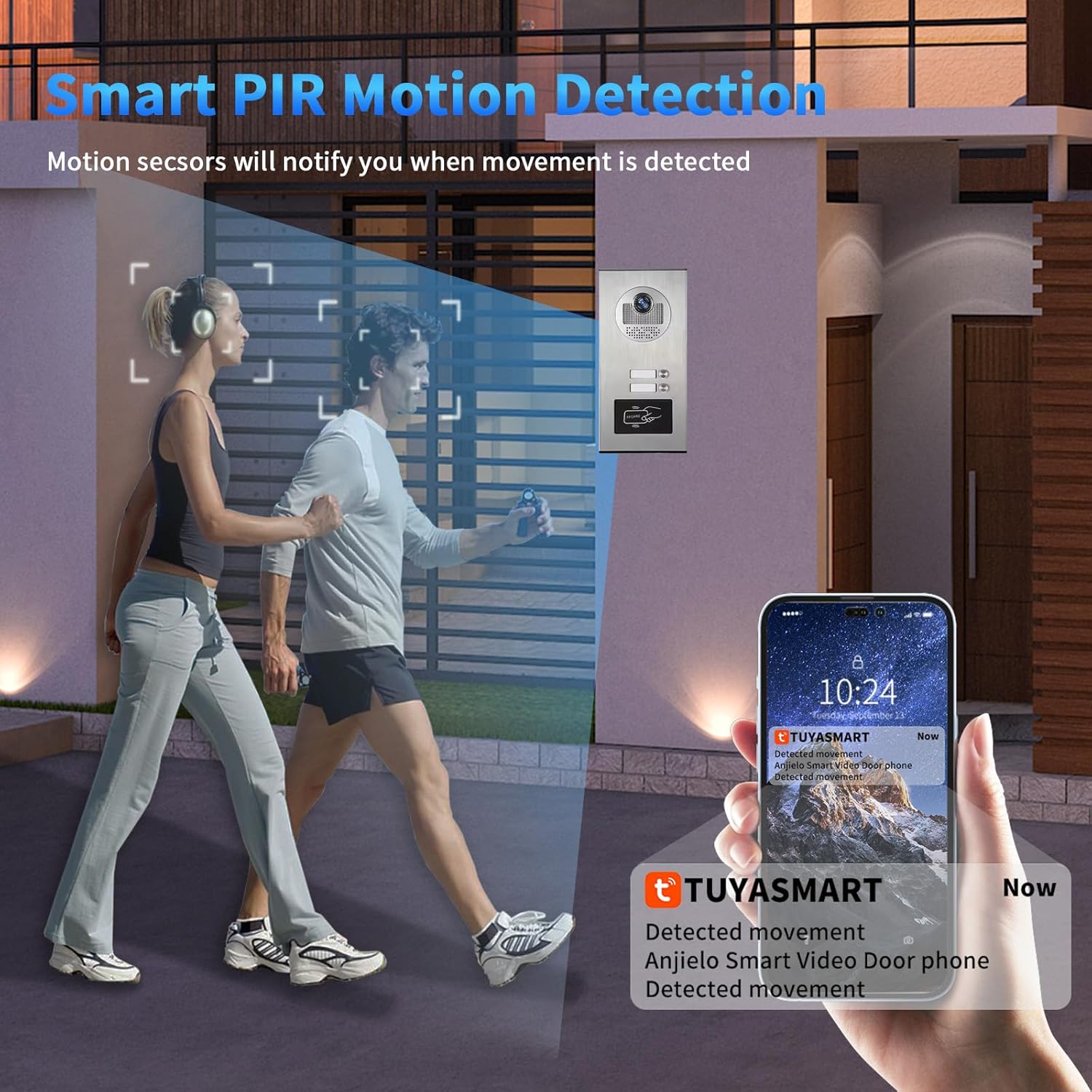 An outdoor doorbell unit detecting motion from two people walking by, with a smartphone displaying a 'Detected movement' notification from the Tuya Smart app.