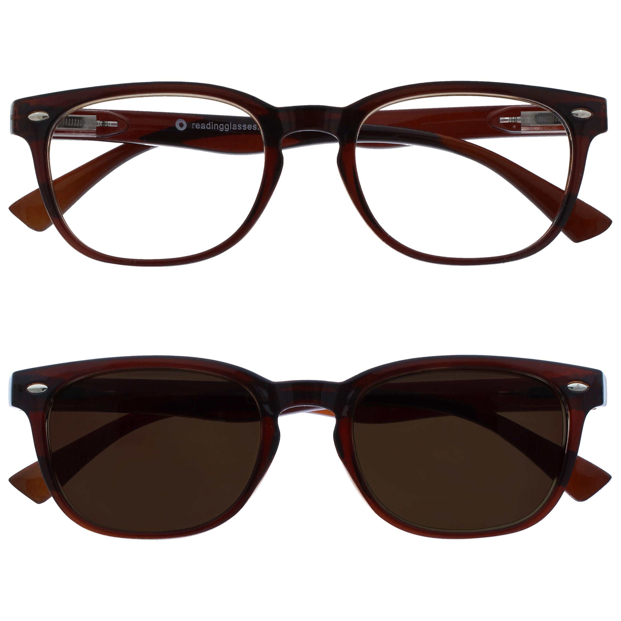OPULIZE ORA Reading Glasses for Men Women With Reading Sunglasses - 2 Pack - Designer Style Round Frame - Tinted UV400 Protection Lens - Spring Hinges - Dark Brown +1.00