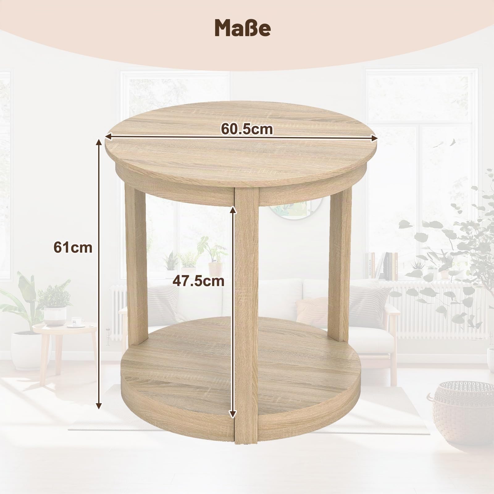 LIFEZEAL Kleiner Couchtisch, Wohnzimmertisch Holz mit 2 Ebenen für Wohnung, Runder Beistelltisch mit Ablagefach, Kaffeetisch Telefontisch für Wohnzimmer (Eiche)