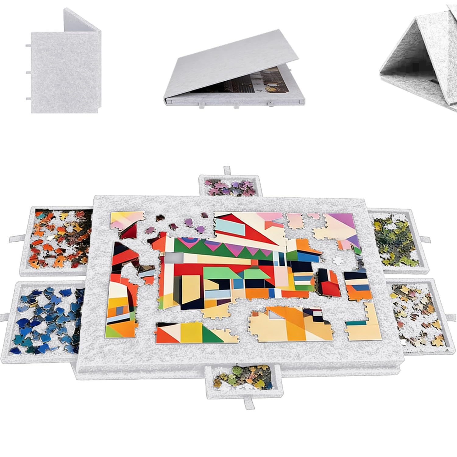 Mesa de puzle inclinable, 1000 piezas, mesa plegable con 6 cajones, con soporte de diseño 2 en 1 y tapa, rompecabezas de fieltro superligero, para puzles de hasta 1000 (gris)