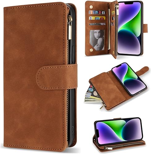 ZZXX Funda tipo cartera para iPhone 14 Plus con bloqueo RFID, ranura para tarjetas, piel sintética suave de alta calidad, con cremallera, con correa