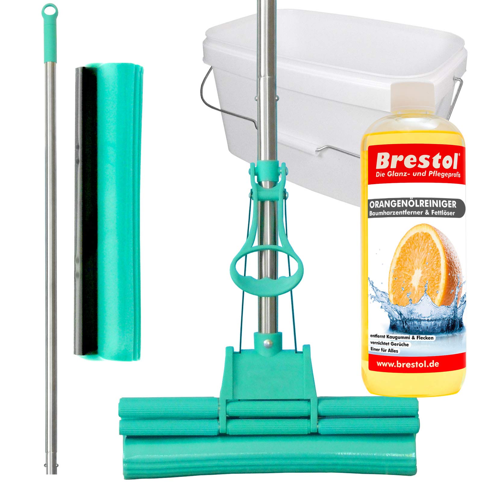 Green Mop Set 30-03 - Green Mop 30 cm + Stiel + Ersatzschwammm + 10 Liter Eimer in weiss + 1000 ml Orangenreiniger Konzentrat - Doppelwringer Mop saugstarker WischMop PVA Bodenwischer