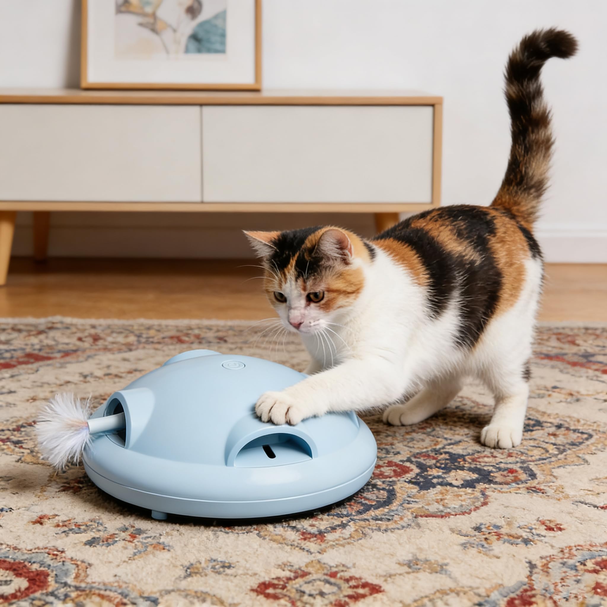 Katzenspielzeug Elektrisch, Interaktiv & Selbstbeschäftigung, EIN Knopf-Start, Zufällig Ausfahrende Feder, Glatte Ränder, Batteriebetrieb für Katzen Aller Altersstufen