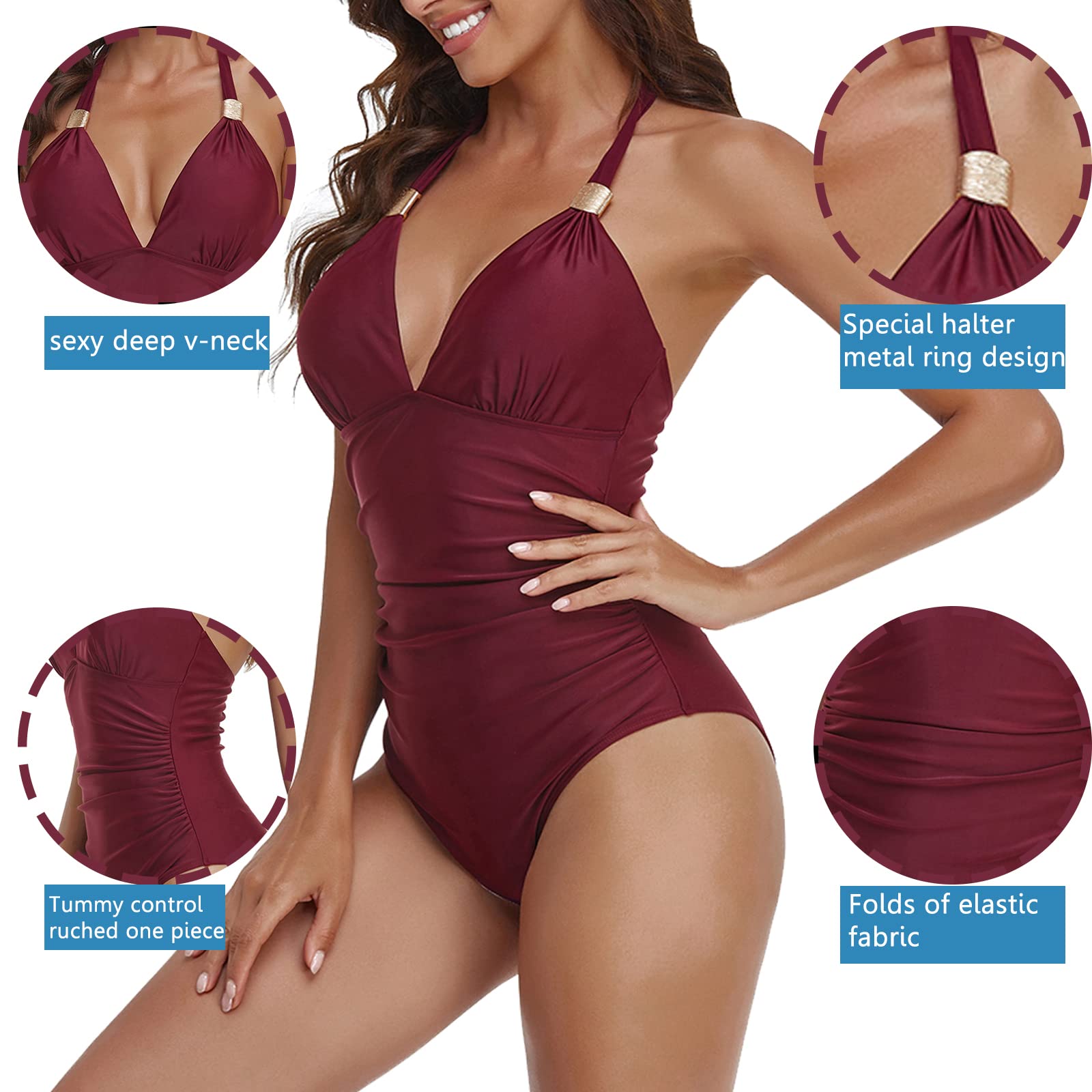 Maillots de Bain Une Pièce pour Femme, Col en V, 1 Pièce Elégant Amincissante Monokini Maillot,Coussinets Coupe Intérieure Inamovible Le Contrôle du Ventre Push Up Maillots de Bain Dos Nu