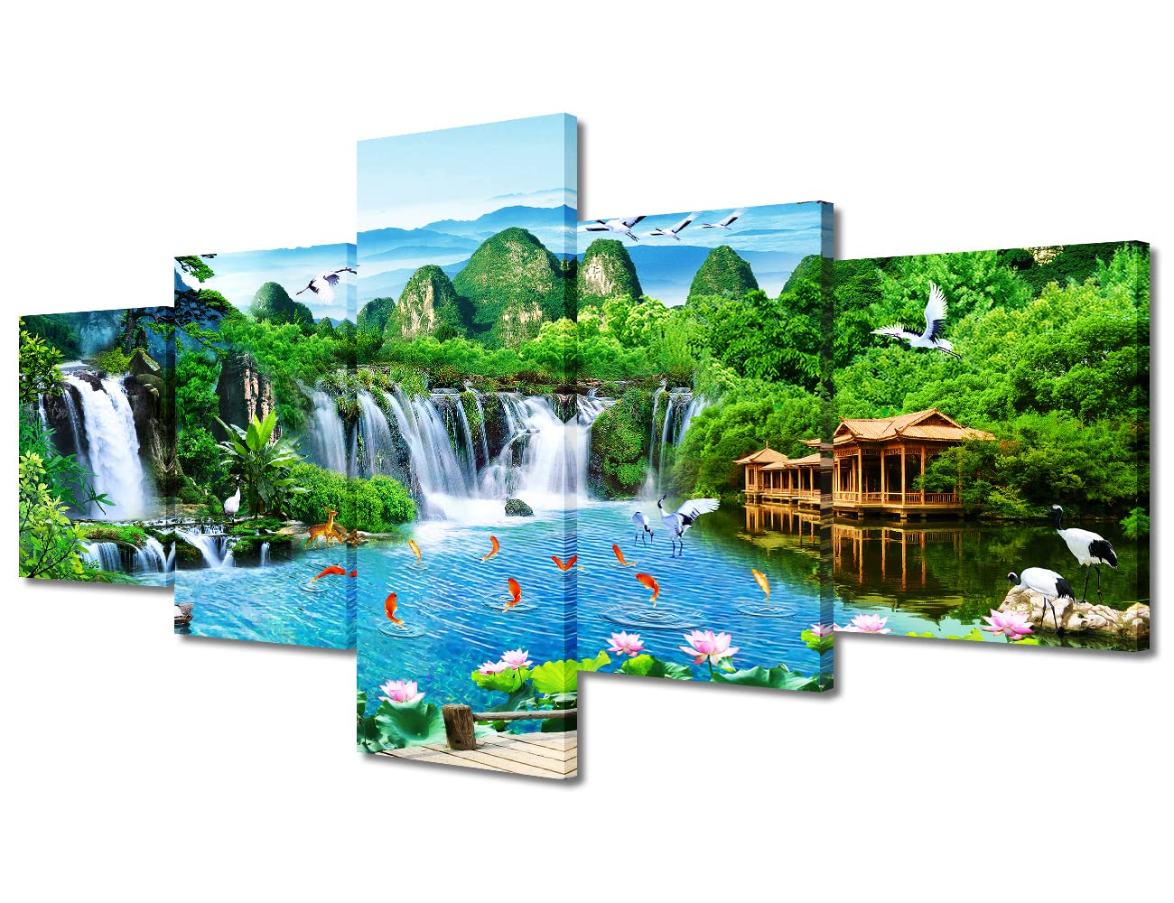 5 Pieces Landscape Painting Home Decor Chinese Landscape Watercolor Painting Office Decor Mountain Scenery with Waterfall and Nine Fishes for Wall Art Artwork House Decor Ready to Hang (50