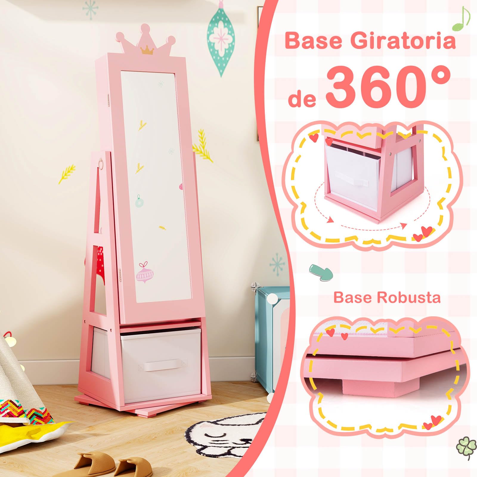 GOPLUS Armario para Joyas de Niños con Espejo de Cuerpo Completo, Armario Joyero Infantil con Cajón Plegable, Mueble de la Joyería para Dormitorio y Sala de Juegos de Niños de 3+ Años (Rosa)