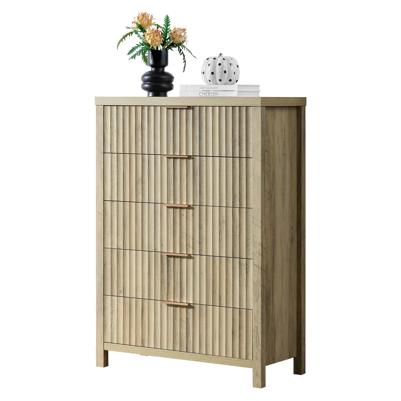 5 Drawers Dresser, 44 Inches Tall Modern Dresser for Bedroom, Curved Profile Design Chest of Drawers, Wood Drawer Organizer for Living Room, Hallway, Entryway (Sunwashed Ash Oak)