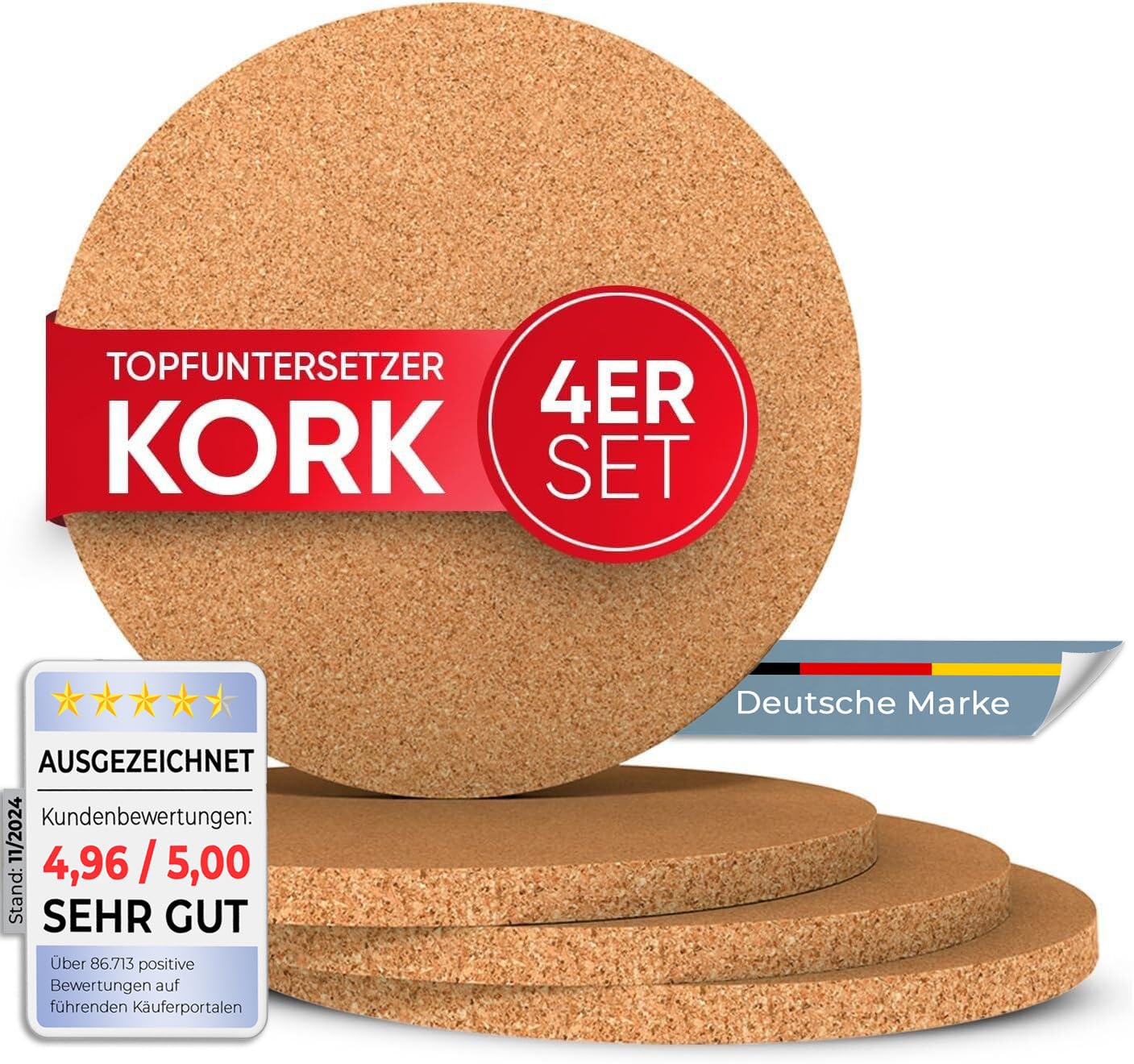 wortek Topfuntersetzer Kork Topf Rund – 4er Set Korkuntersetzer rund, 19cm Durchmesser - Raclette Untersetzer Topfuntersetzer hitzebeständig Untersetzer Topf Kork