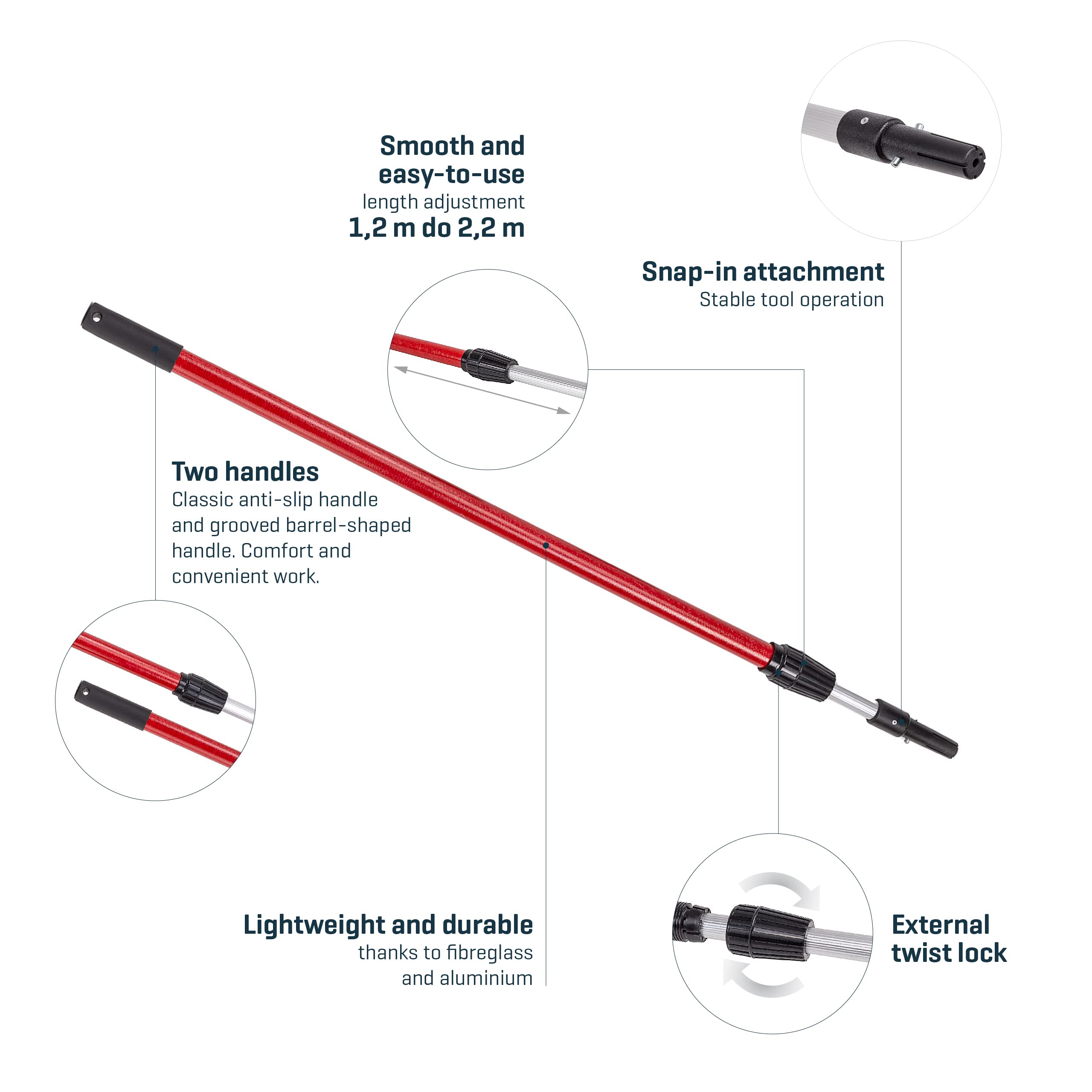 COMENSAL® kij teleskopowy 120 cm - 220 cm do szpachli - 2 uchwyty - wykonany z włókna szklanego - wyprodukowano w UE