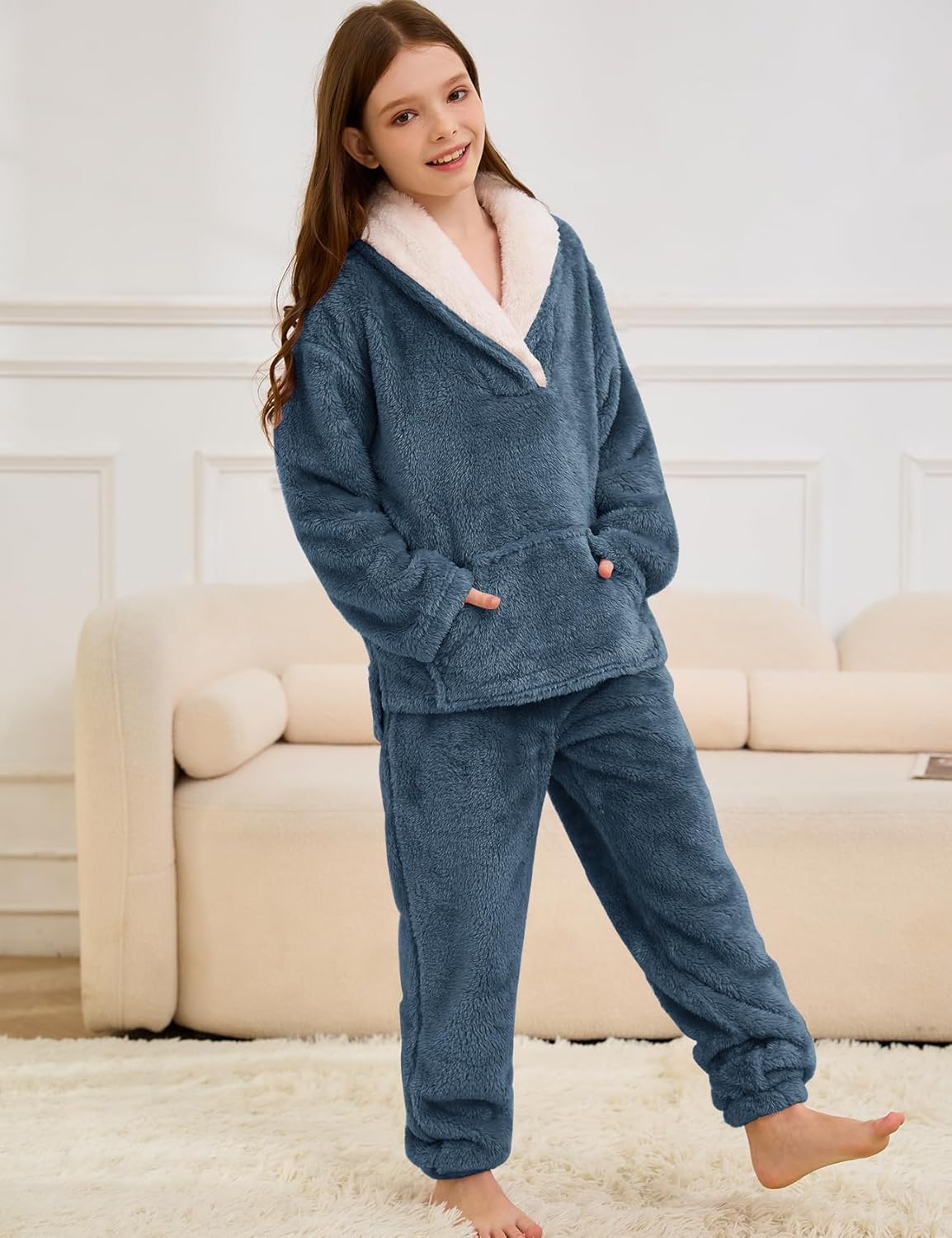 Flygo Girls Fuzzy Pants Set Fleece Outfits Winter Flannel Fluffy Pullover Sweatshirt Top Pants Sweatsuit - Image 5