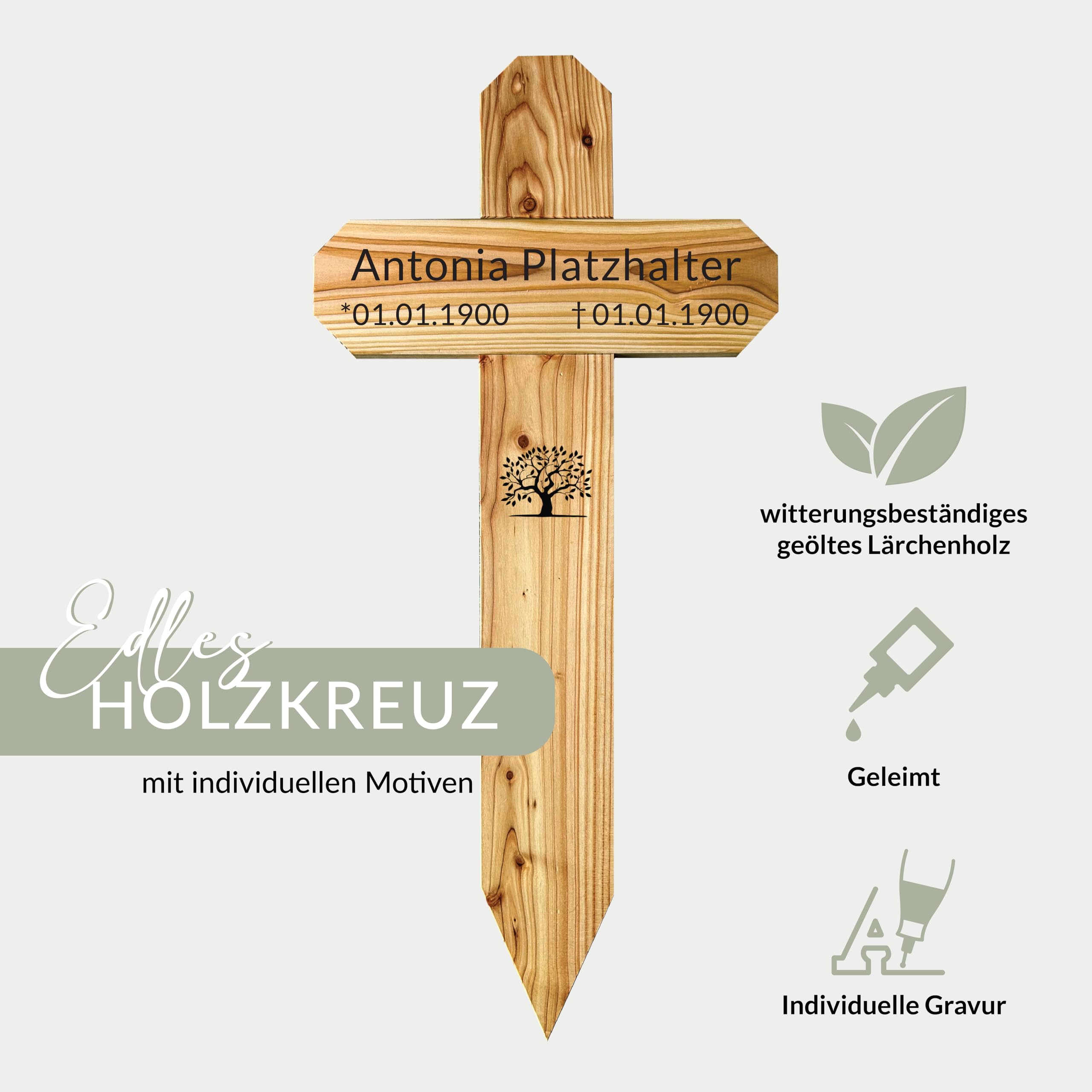 ReGrape Grabkreuz XXL aus hochwertigen geöltem und geleimten Lärchenholz, mit kostenloser Lasergravur (eckige Ecken)